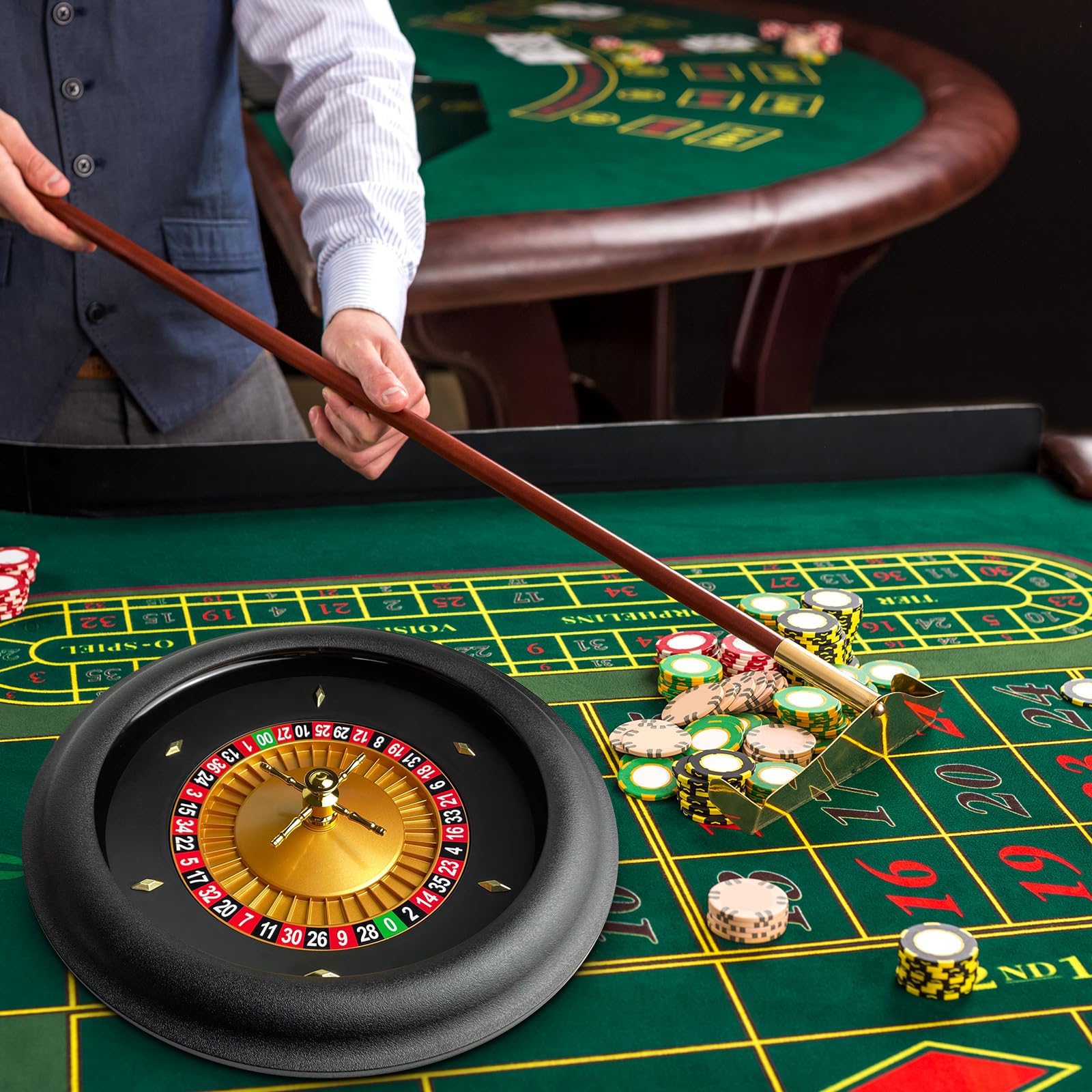 Ruota da roulette lucida Deluxe da 18" in ABS di grado casinò, set di roulette da casinò con ruota da roulette con layout doppio zero con 2 palline da roulette per giochi domestici notturni o uso