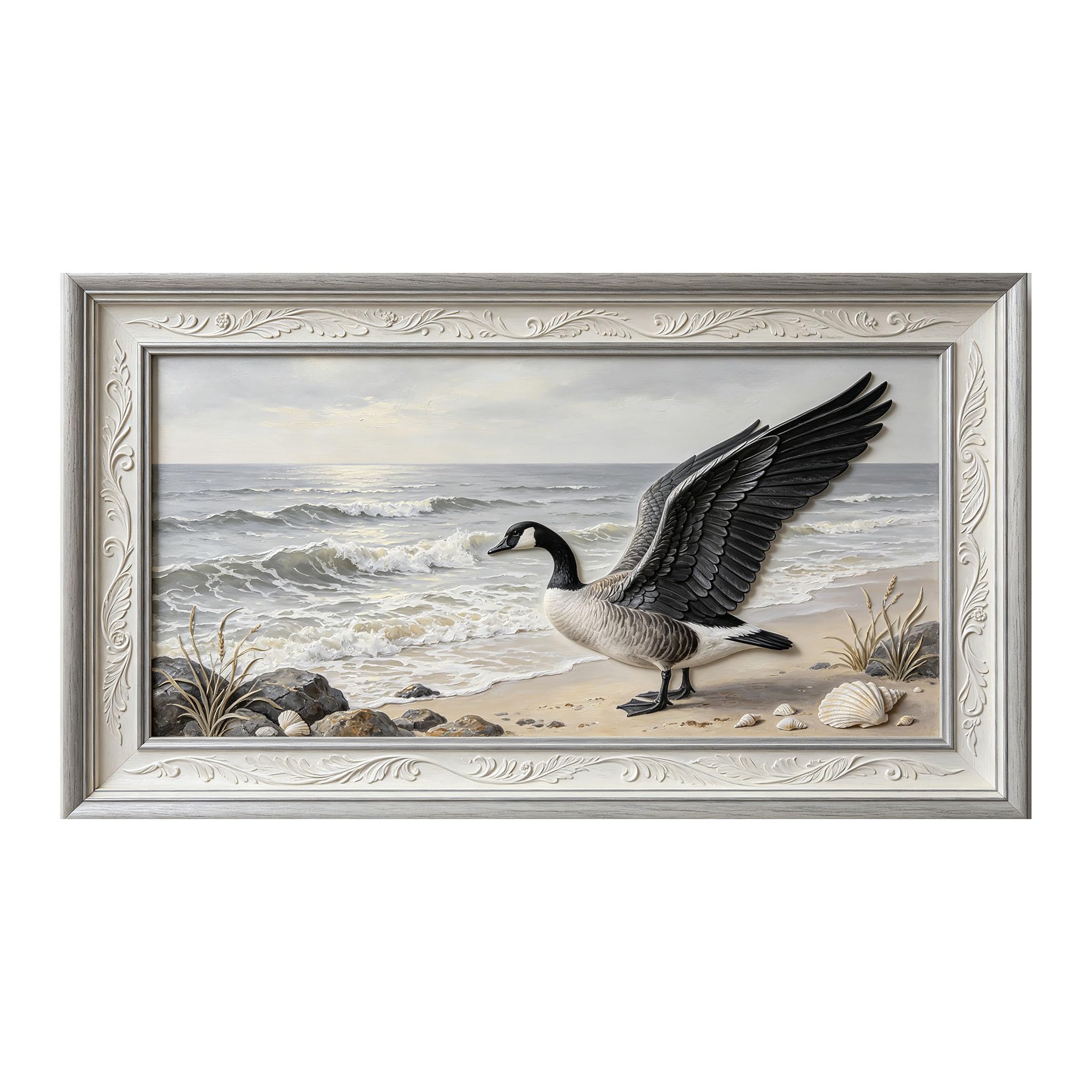 Murasolite 3D Framed Wall Art Seascape Goose Coastal Oil Painting SelfAdhesive Fabric Mural Wall Decor， Peel and Stick No Damage to Wall， AntiFall Safe Design for Bedroom Living Room