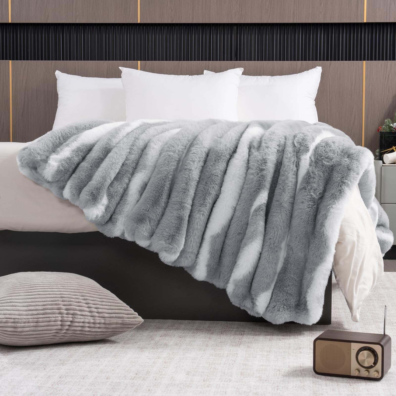 Throw Blanket for Couch - 55" x 65" Faux Rabbit Fur Throw Blanket Cozy Soft Warm Blankets for Bed Sofa Bedroom Living Room Fluffy Striped Blankets for Fall Winter, Home Decor, Light Grey