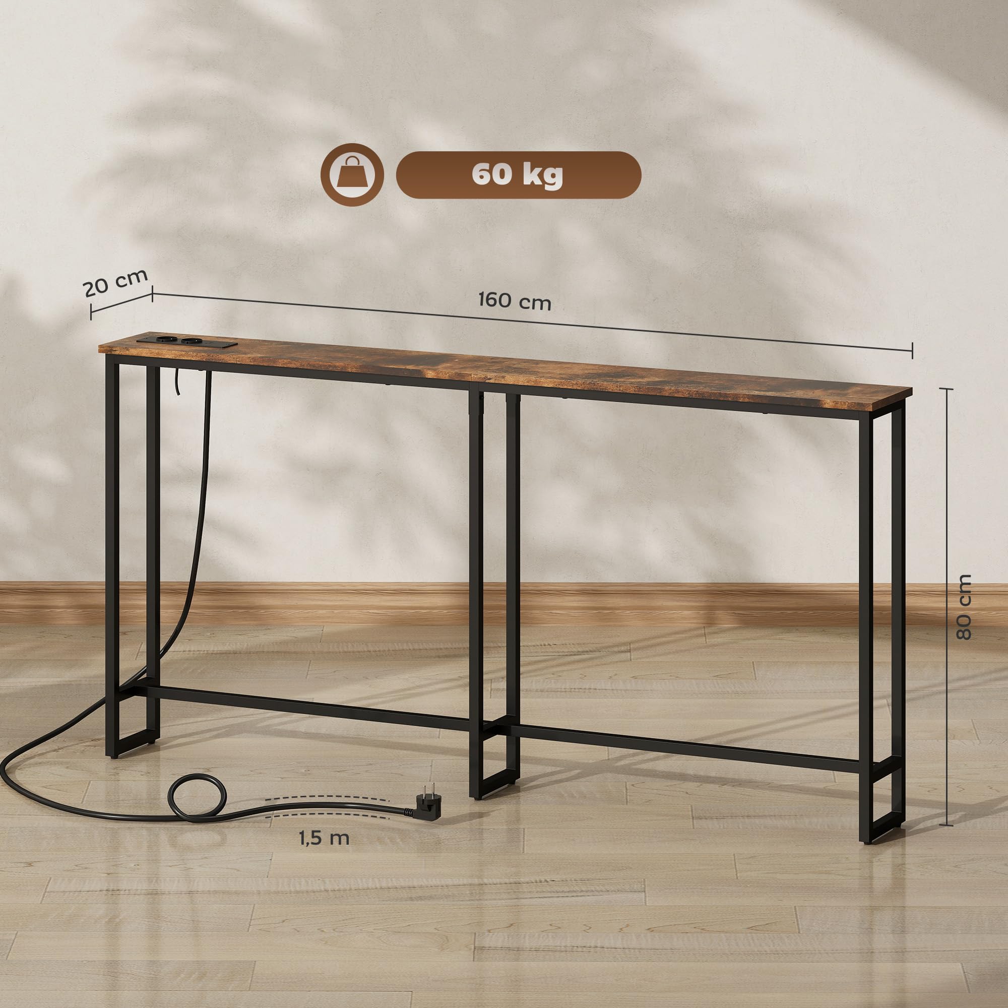 HOMCOM Table Console Étroite Prises Courant USB 160 x 20 x 80 cm Marron