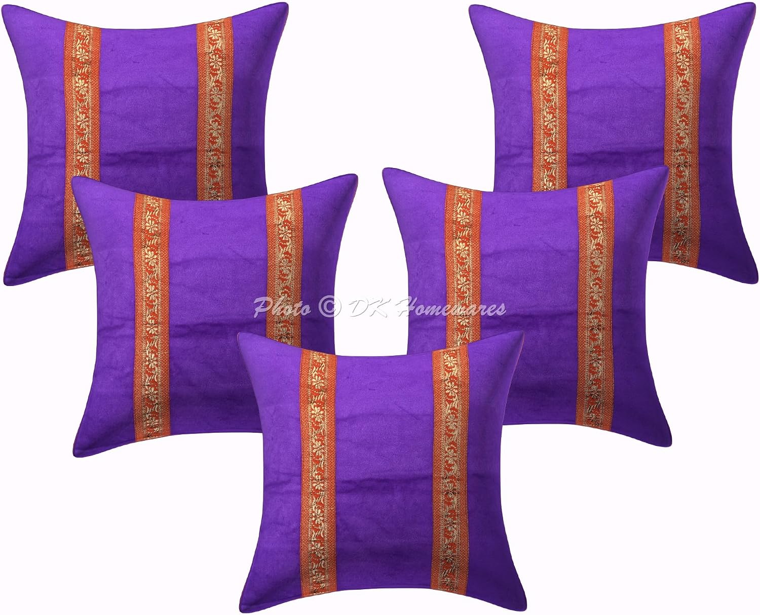 Decorative Throw Cushion Covers 16 x 16 Inch Velvet Brocade Jacquard Indian Square Floral Cushion Covers (Size - 40x40 cm ; Color: Purple) - Set of 5 Pcs (Cover Only)