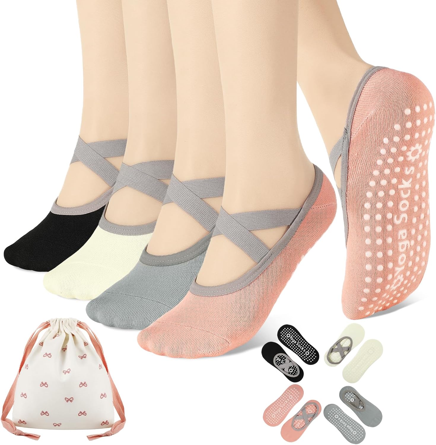 4 Pairs Yoga Socks for Women Non Slip with Straps Pilates Barre Grip Socks with Bow Storage Bag