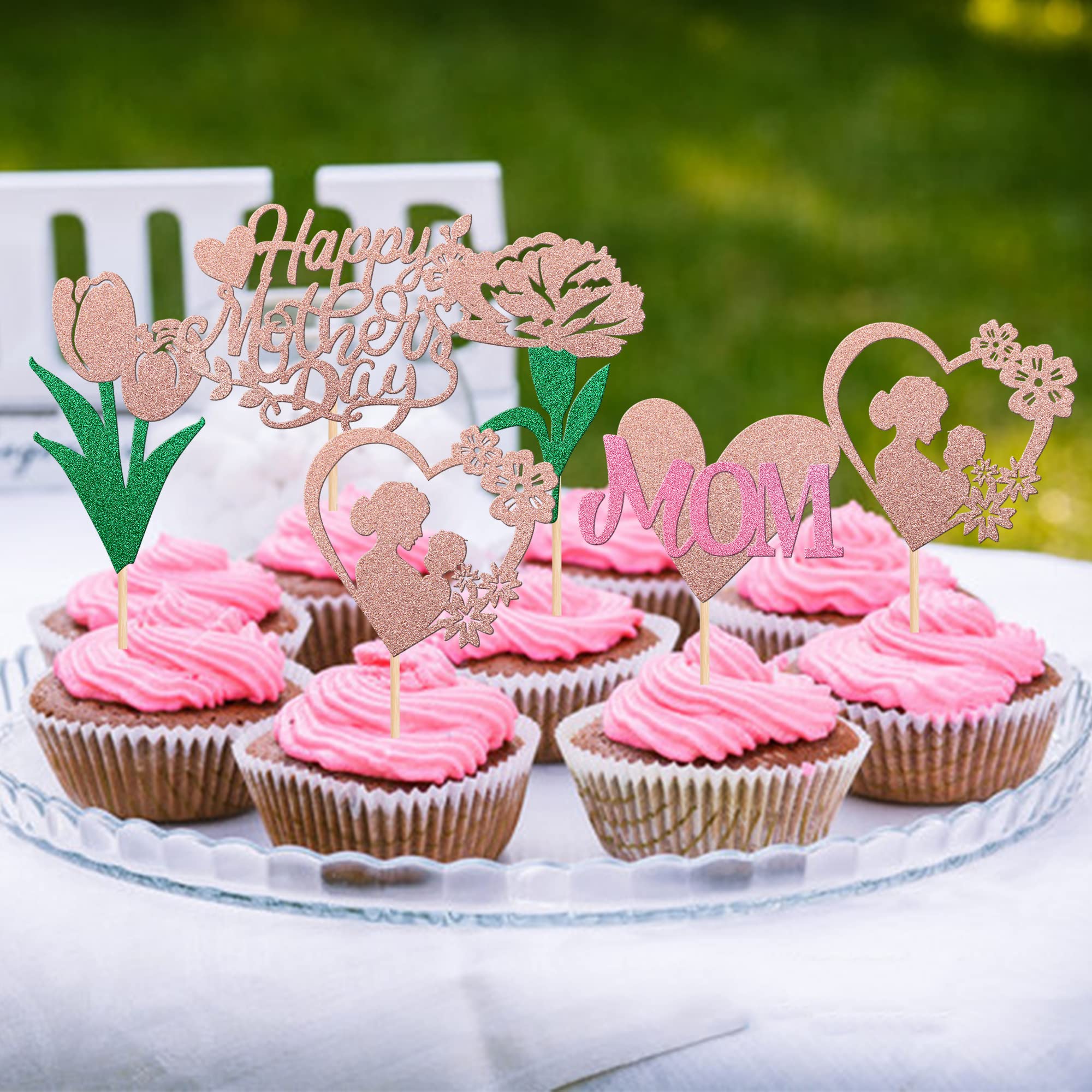 Rsstarxi 30 Pack Happy Mother's Day Cupcake Toppers Glitter Best Mom Ever I Love You Mom Cupcake Picks Heart Flower Mother's Day Cake Decorations for Mother's Day Party Supplies Rose Gold