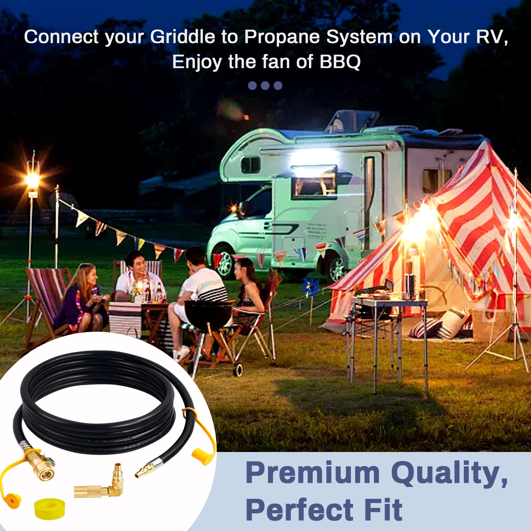 12FT Quick-Connect RV Propane Hose with 1/4" Safety Shutoff Valve and 1/4" Male Full Flow Plug, Low Pressure Quick Disconnect Propane Hose with Elbow Adapter for 17" and 22" Blackstone Griddles