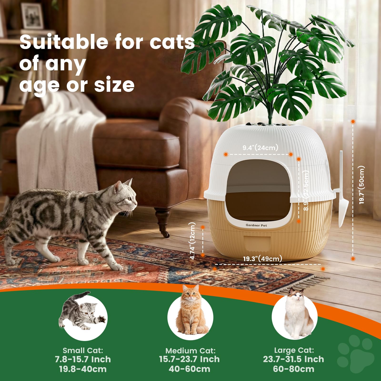 Gardner Pet Kuweta dla kota z sztuczną rośliną i łopatką, kuweta z filtrem węglowym przeciw zapachom, łatwe napełnianie, zbieranie i czyszczenie, szczelna konstrukcja - biały