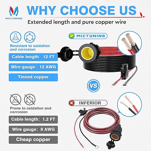 Miniatura 3 de MICTUNING Cable de extensión para encendedor de cigarrillos hembra de automóvil de 12 pies 12 AWG 12 V 24 V con enchufe roscado a terminales de ojal