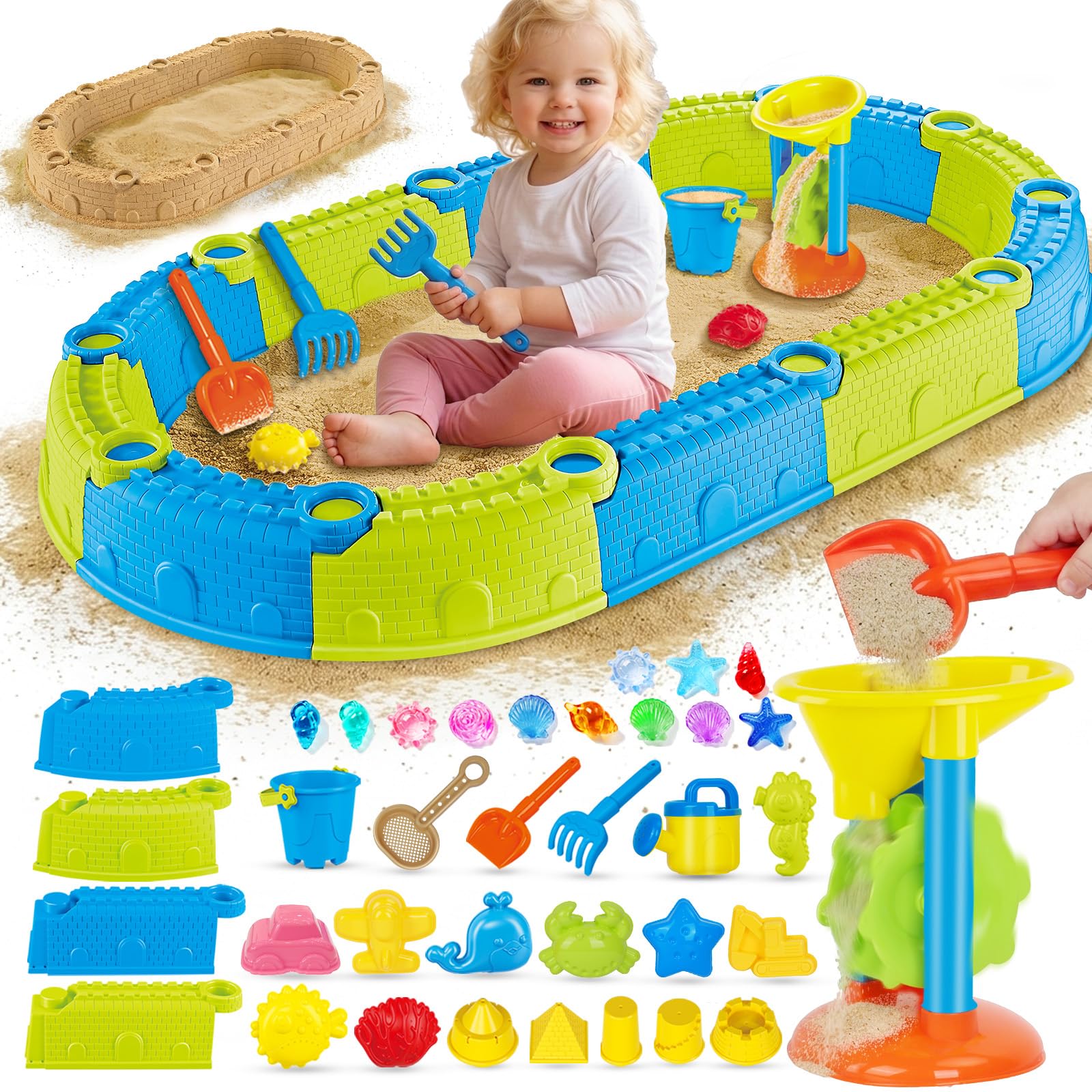 JONRRYIN Giochi Spiaggia Bambini, 44 Pezzi Sabbia Giocattoli con Stampi per Castelli, Secchio Pala Rastrello Stampi, Pietra Preziosa, Giochi Mare Esterno per Bambini Ragazzi Ragazze (Oval)