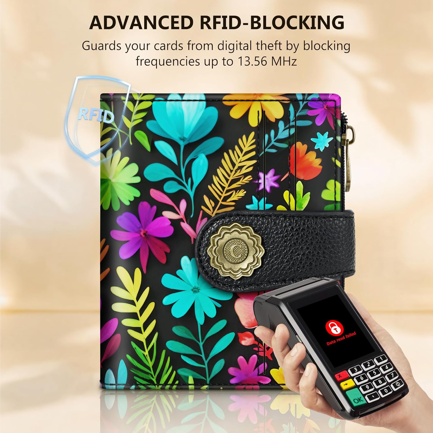 Chelmon Flowers Small Wallet Woman RFID Blocking, PU Leather Bifold Credit Card Ladies Wallets with ID Window, Cute Zipper Coin Pocket Purse for Girls - Image 3