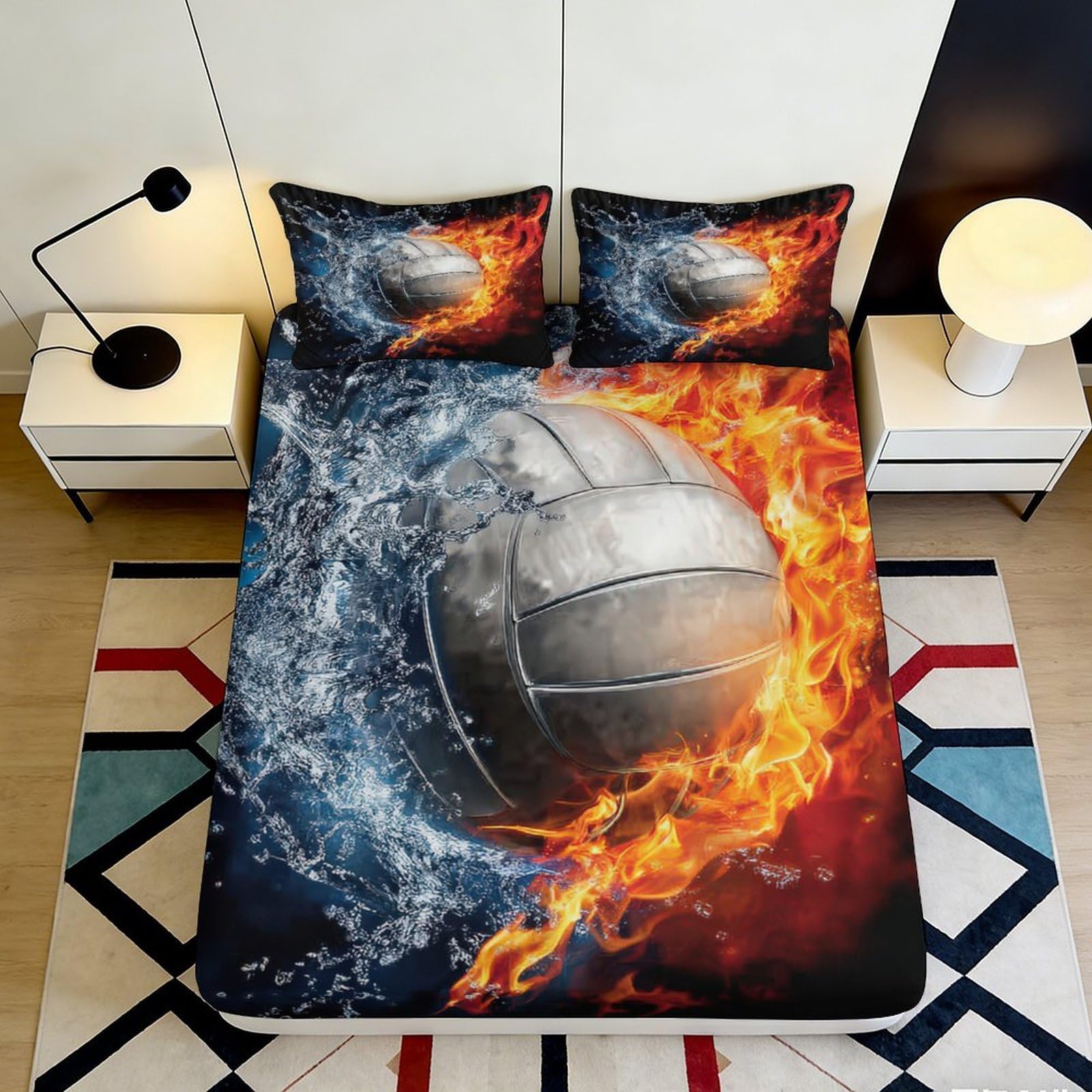 3D Printed Fire and Water Volleyball Fitted Sheet Microfiber Soft Breathable Flame and Splash Mattress Cover for Bedroom Dormitory Guest Room Protection 140x200x25cm