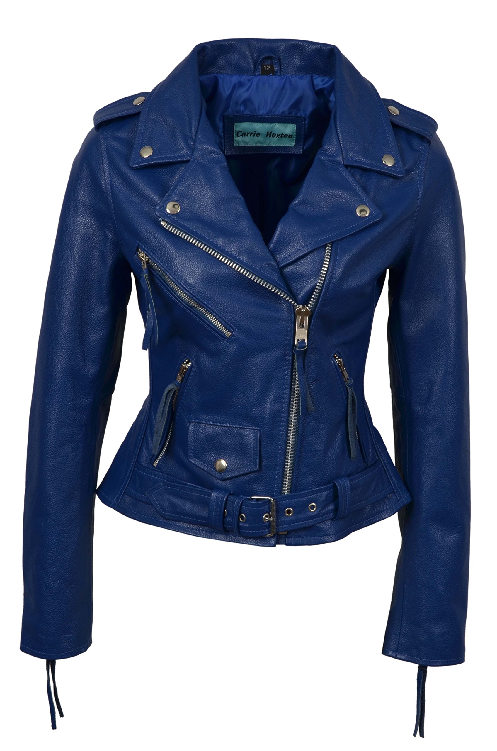 Carrie Hoxton Ladies Brando Blue Classic Motorcycle Motorbike Genuine Cowhide Leather Jacket (14)