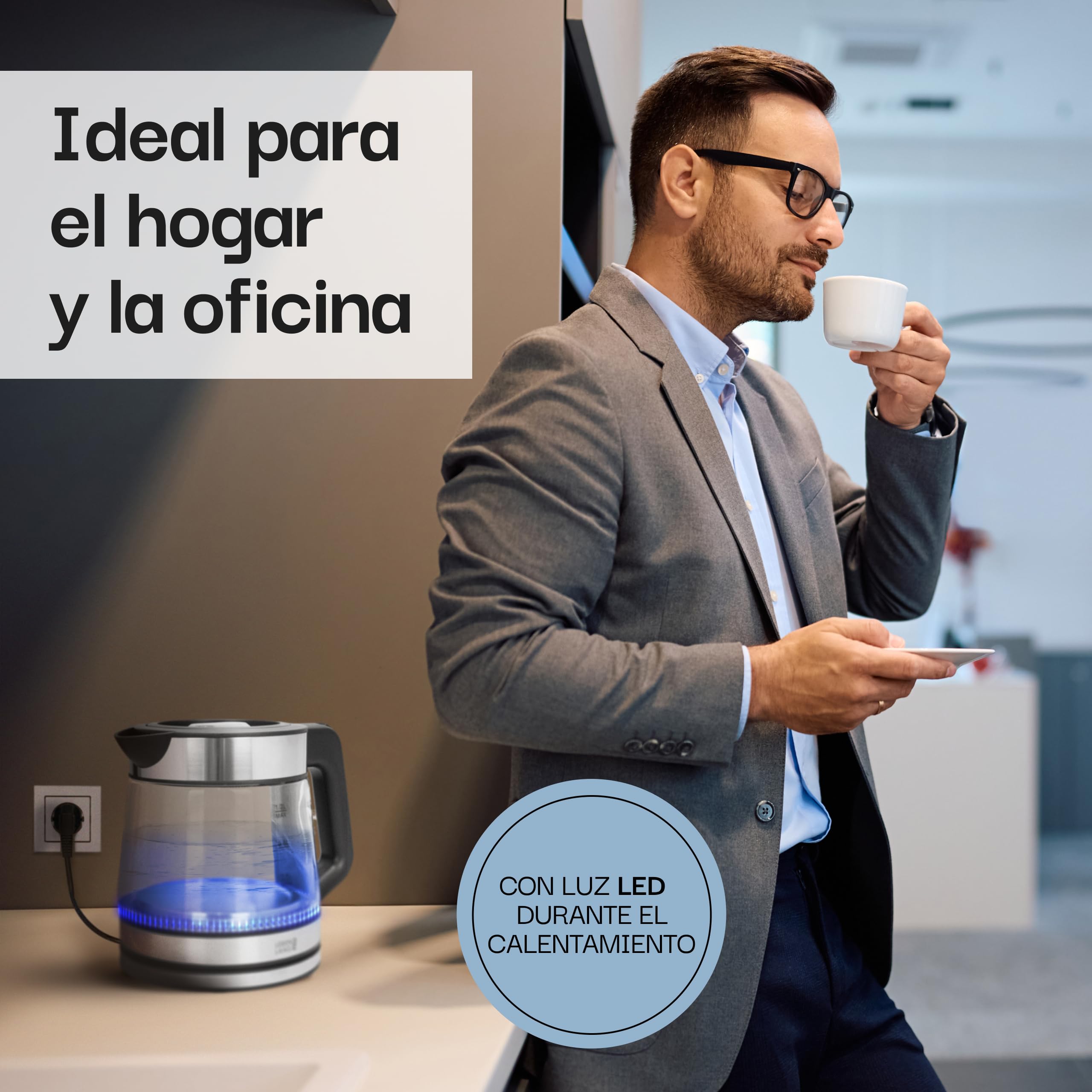 LEBENLANG Hervidor de agua de vidrio compacto – 1,2 litros con iluminación LED I Diseño de acero inoxidable sin BPA 1 L / 1,2 L I Hervidor de viaje pequeño para camping Hervidor de vidrio