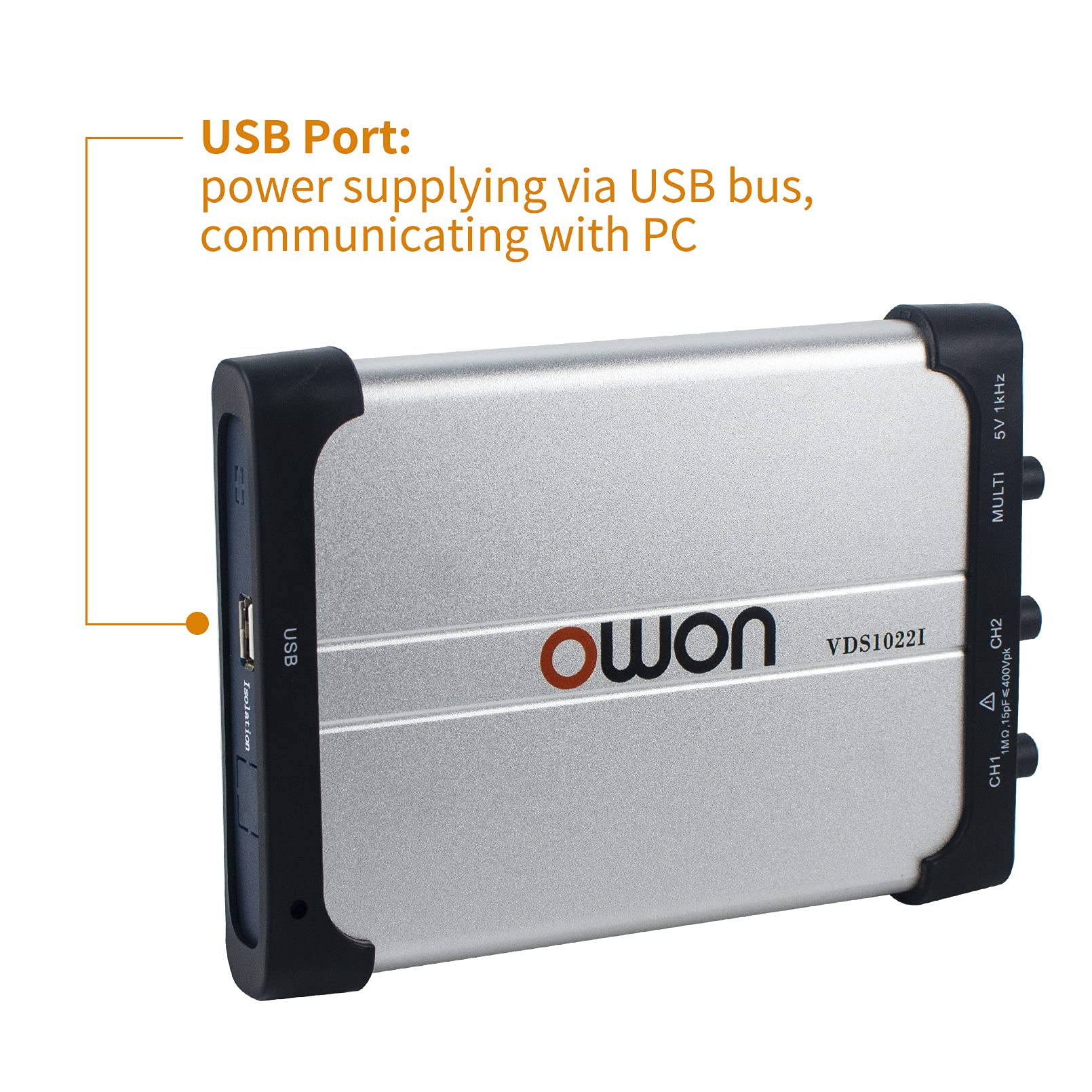 OWON VDS1022i Oscilloscopio USB Basato su PC, 2+1 (Multi) Canali Portatile, Virtuale Con Larghezza di Banda 25 MHz e Isolamento del Canale