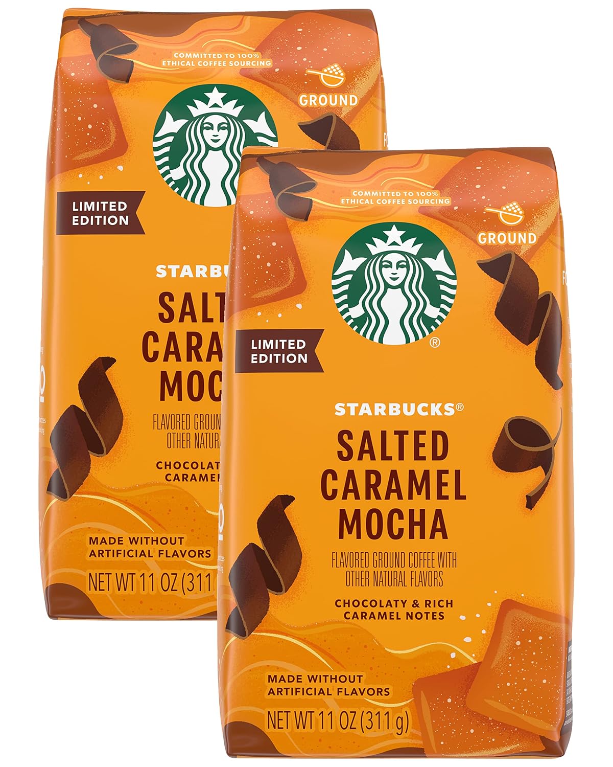 Starbucks Limited Edition Ground Coffee, Salted Caramel Mocha, Chocolaty & Rich Caramel Notes, Made without Artificial Flavors, 11 Ounce Bag (Pack of 2)