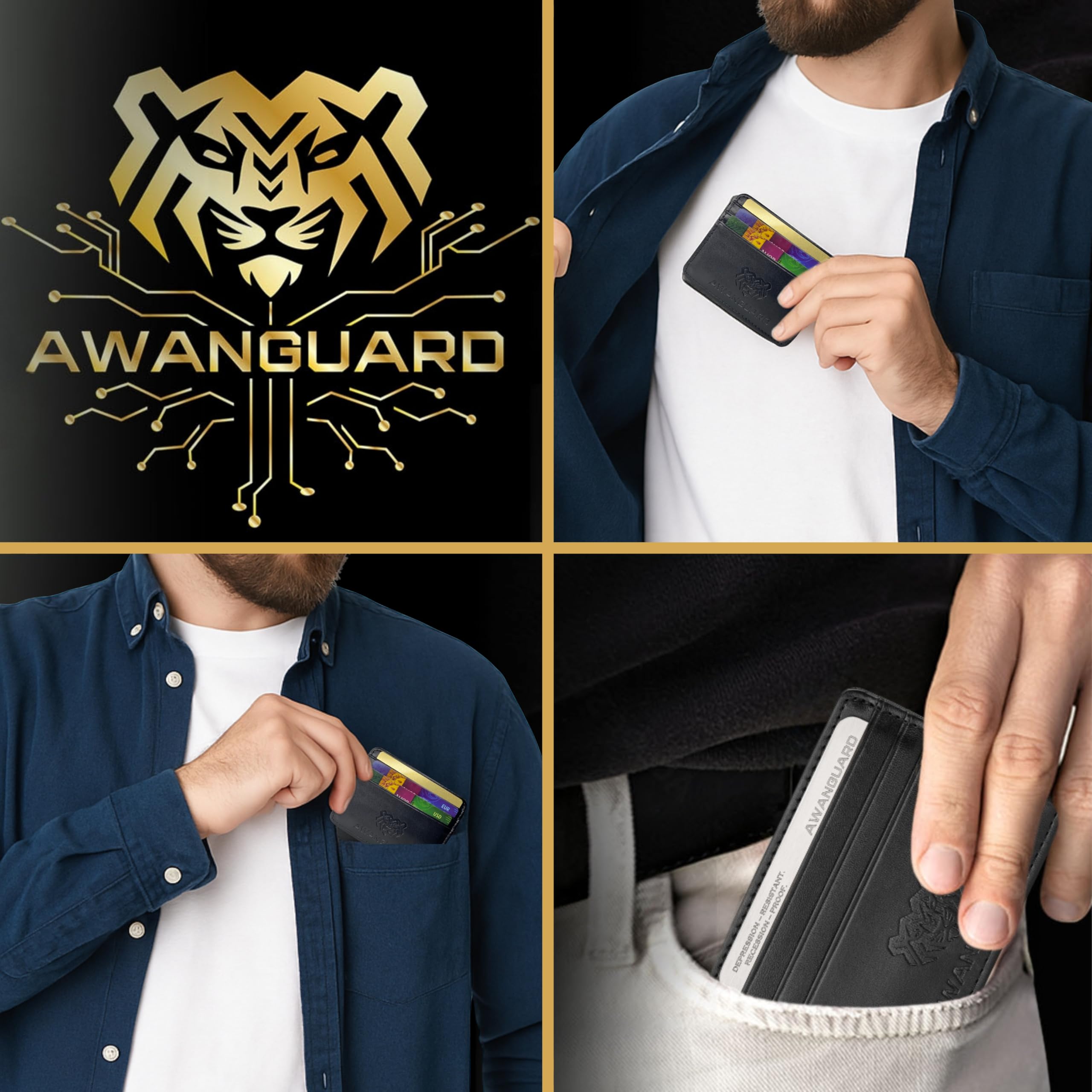AWANGAURD - PU Leather Money Clip Card Holder Unisex Slim Wallet with Cash Compartment, for Men and Women, Black. Quick Access Compartment, Sleeve Case Holder, Portable Card Holder