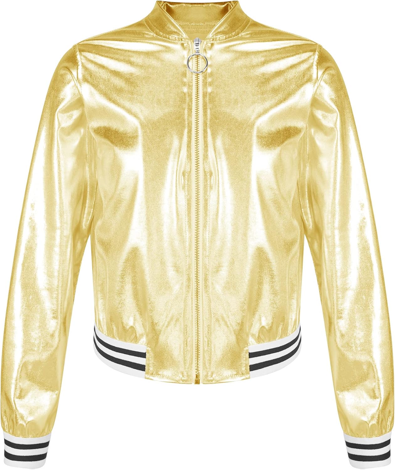 Girls Boys Hip Hop Street Dance Clothes Shiny Leather Long Sleeves Bomber Jacket with Flared Pants Set