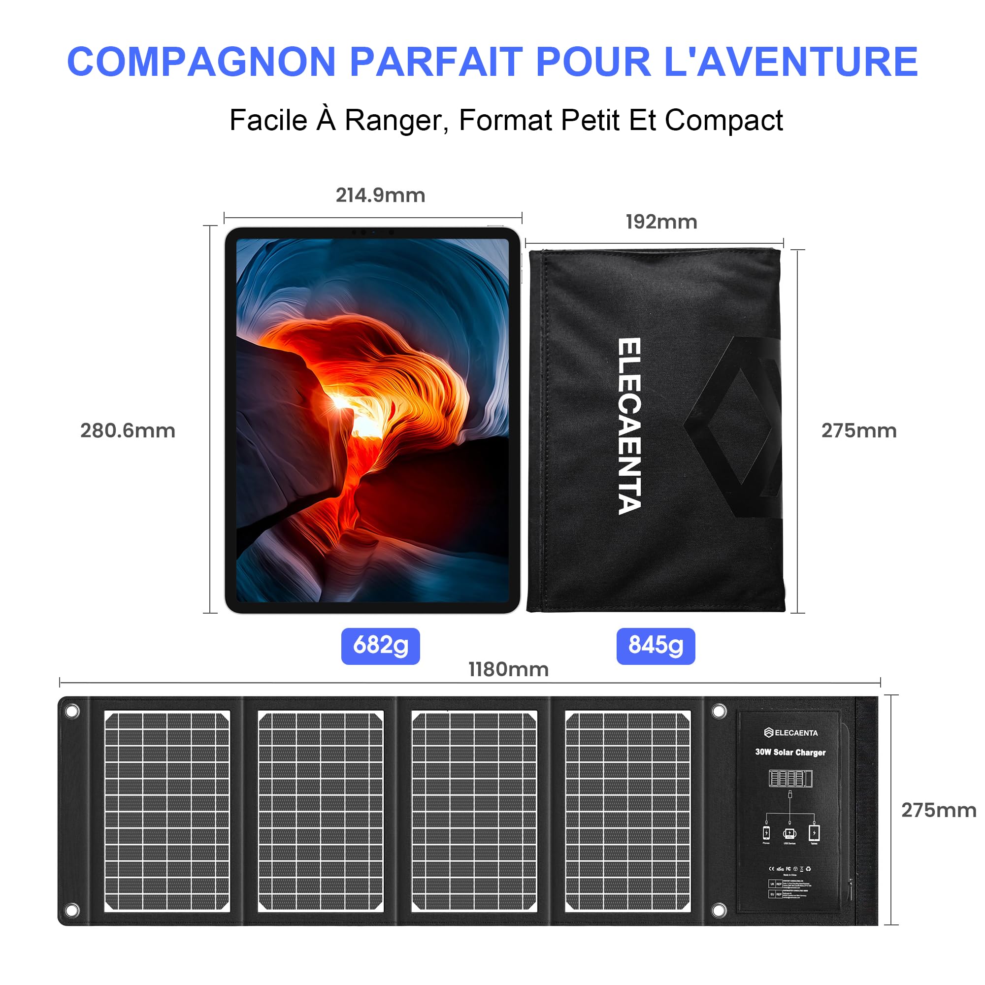ELECAENTA 30W Chargeur Solaire Randonnée avec 3 USB QC 3.0 Type C PD18W Portable Panneau Solaire Pliable IPX5 Étanche pour Smartphone Tablette Powerbank Caméra Sport Camping Voyage Survie