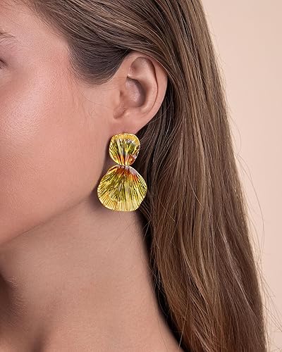 Miniatura 4 de Coloridos aretes colgantes chapados en oro de 18 quilates, bohemios, con hojas gruesas, geométricos, geométricos, texturizados, para mujer, grandes,