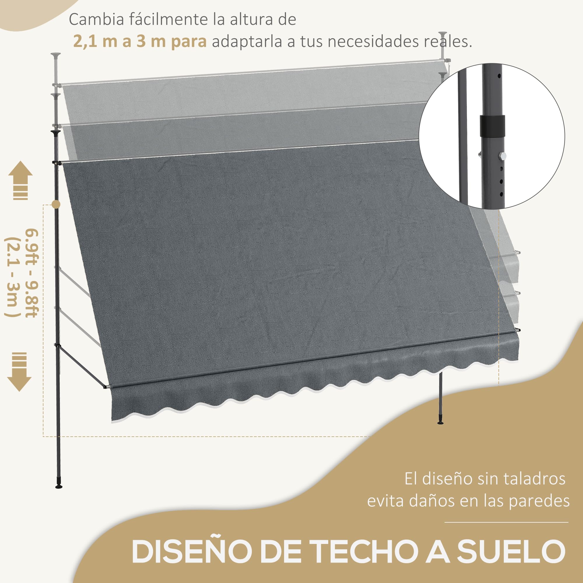 Outsunny Toldo Manual Retráctil 3,5x1,2 m Toldo Exterior Terraza Enrollable Altura Ajustable con Manivela 210-300 cm Sin Taladro Protección UV30+ para Balcón Jardín Gris Oscuro