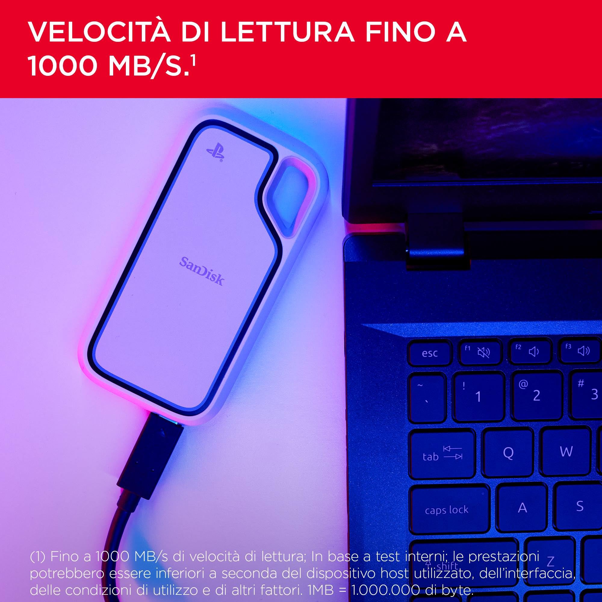 SanDisk Extreme Portable SSD per console Playstation 5 e PC's 1TB, velocità di lettura fino a 1000MB/s, Resistente all'acqua e alla polvere, e alle cadute da 3 metri, Un mese di prova di Nitro Discord