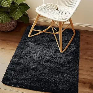 Fluffy Rug Washable 2x3 Feet, Pure Black Desk Chair Rug Non-Slip, Super Soft Kids Rug for Boys Nursery Dorm Decor