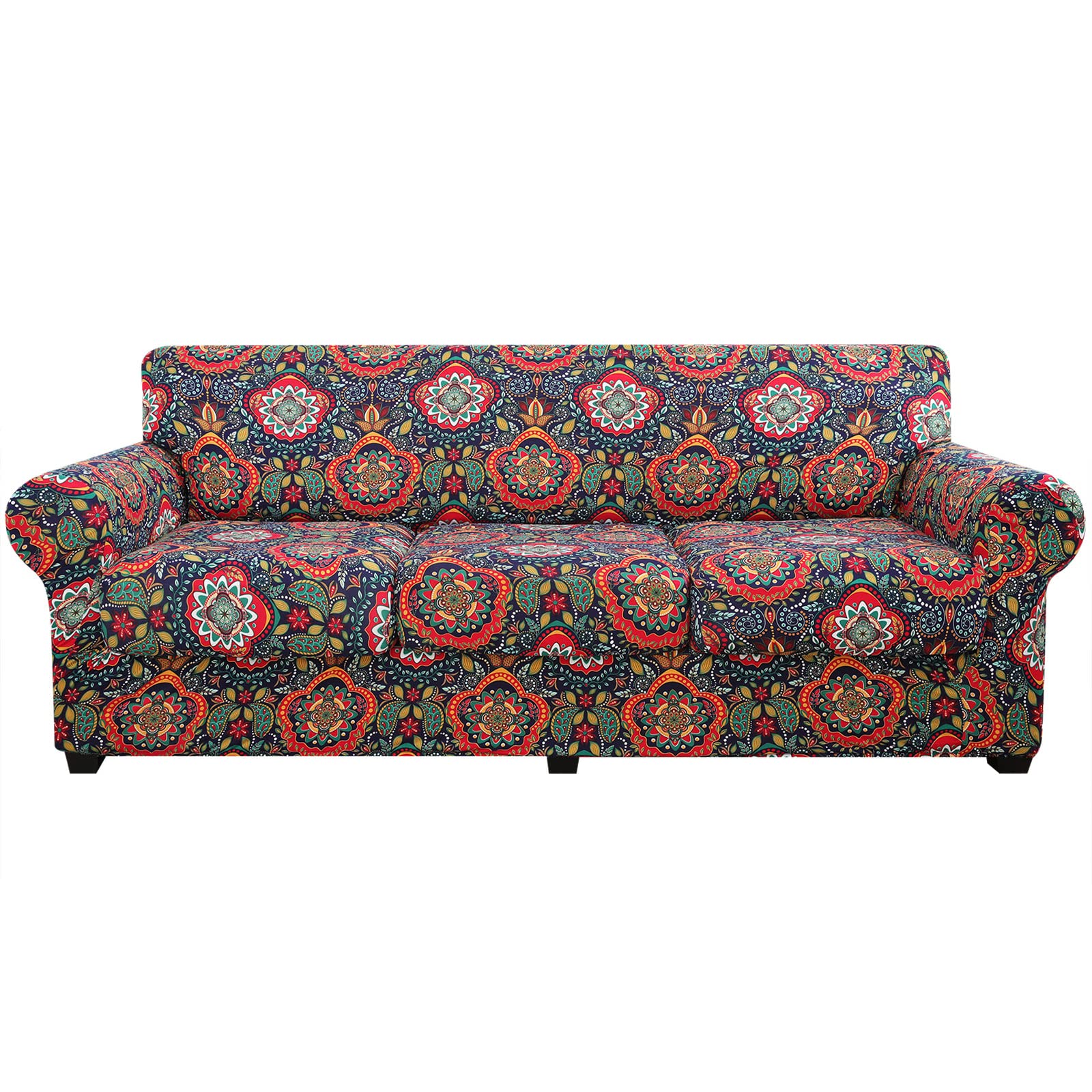 hyha Printed Sofa Couch Cover for 3 Cushion Couch - Floral Pattern Sofa Cover with Separate Cushion Cover, 4 Pieces Stretch Sofa Slipcover Washable Furniture Protector (Sofa, Mandala Floral)