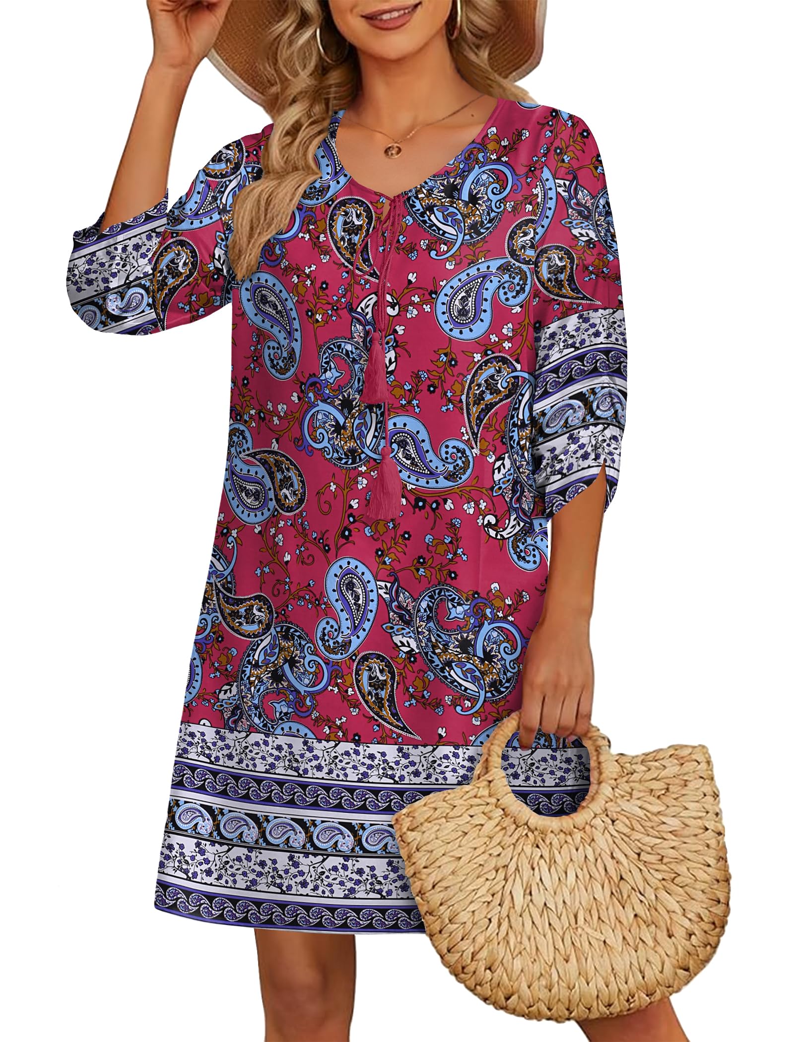 HOTOUCH Women Casual Beach Summer Dress Boho Tassel Tie Neck 3/4 Long Sleeve Short Floral Print Flowy Cover Up Sundresses