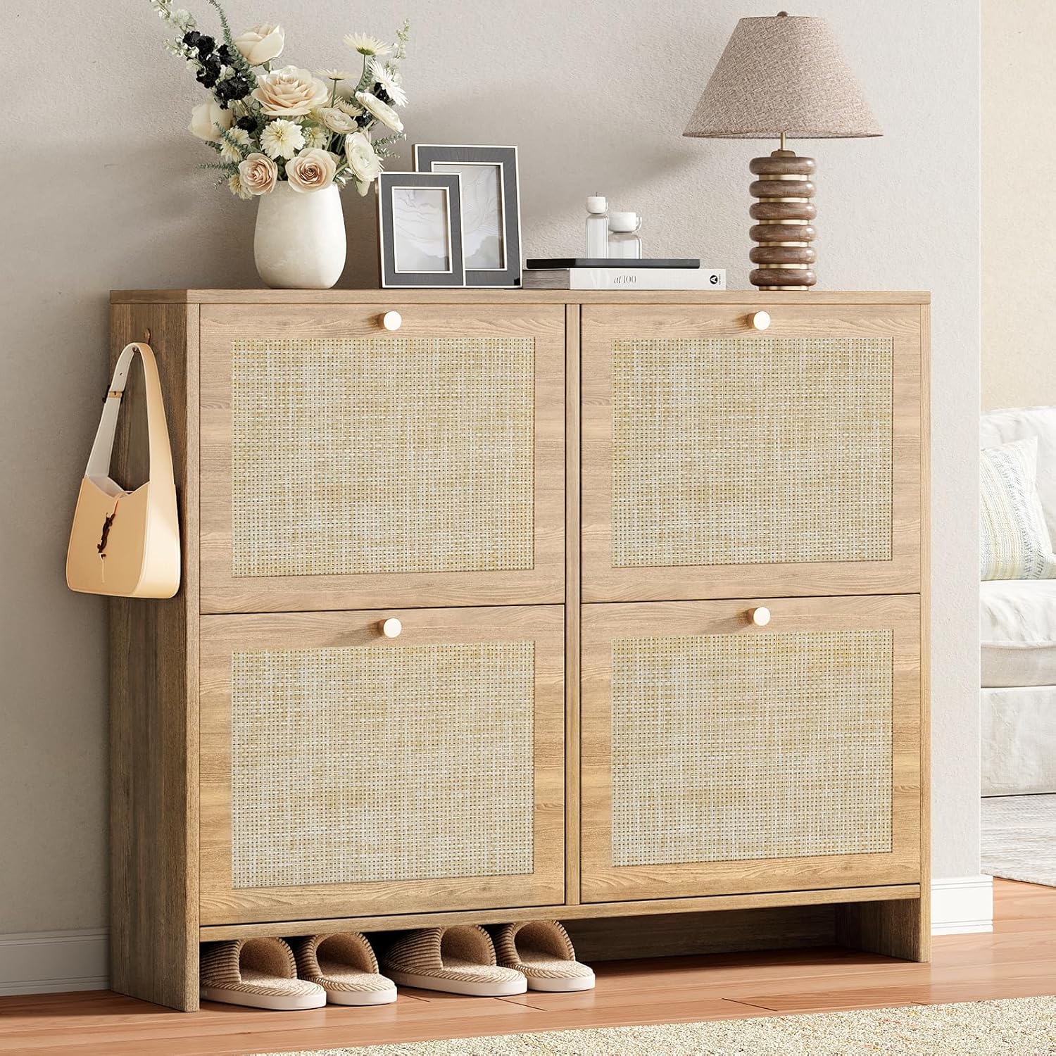 Nicetree Freestanding Ultra Slim Arched Rattan Accent Shoe Storage Cabinet for Entryway - 3 Flip Drawers & 3-Tier Adjustable Shelves, Farmhouse Modern Rustic Shoe Rack for Hallway Foyer,Oak