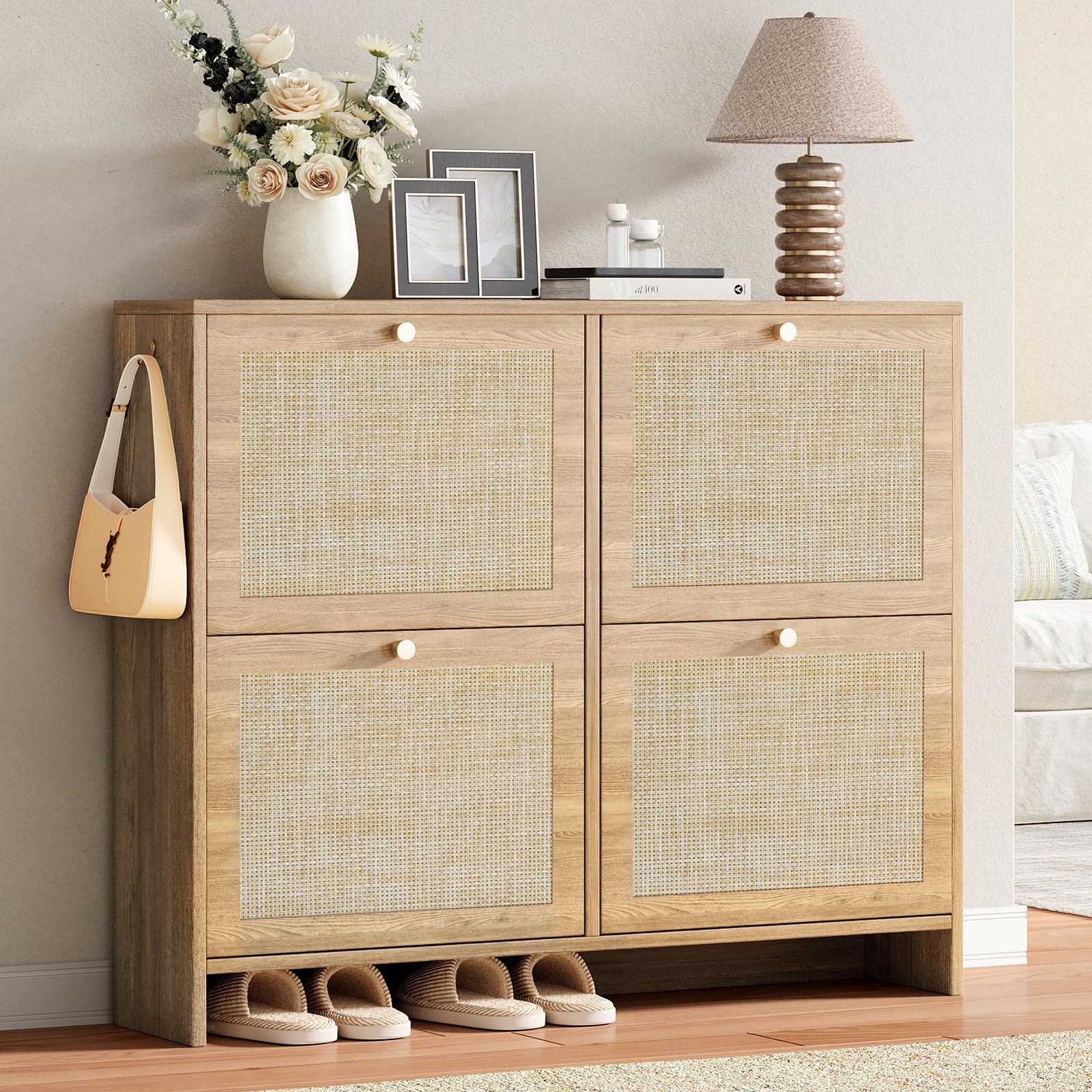 Nicetree Shoe Cabinet Storage for Entryway, 4-Flip Drawer Narrow Shoe Rack, Organic Modern Rattan Shoe Organizer with Gold Legs, Shoe Organizer Fits