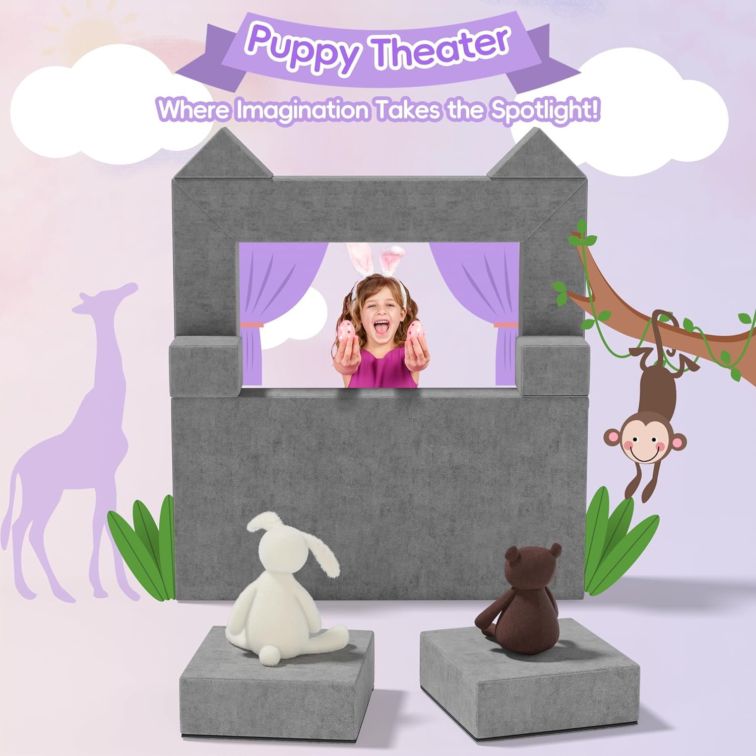 Gray Modular Kids Sofa Toddler Couch Foam Armchair for Kids Children Convertible Plush Sofa Play Set Fold Out SofaBed