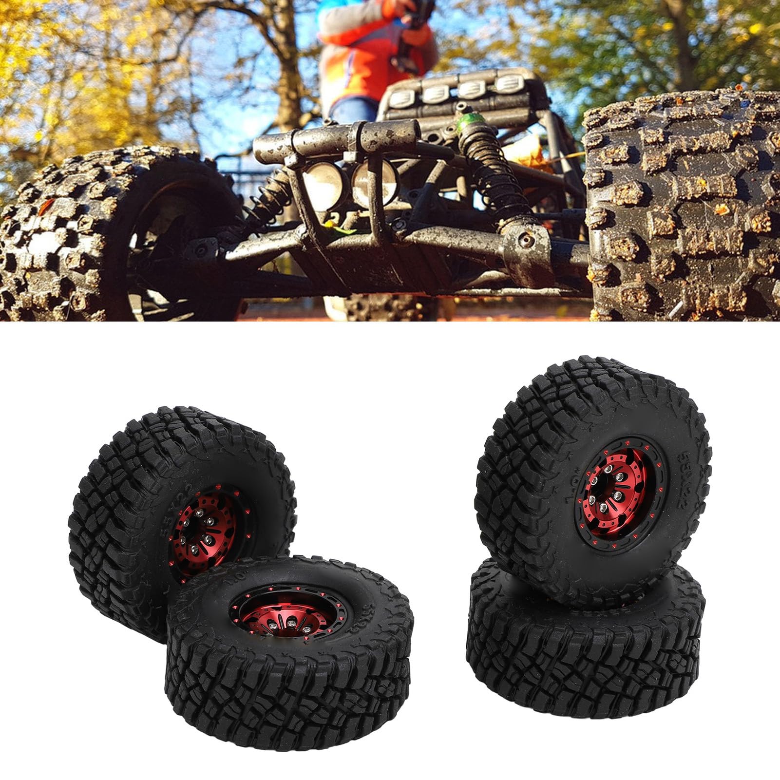 POENVFPO Pneumatici RC, Cerchi in Lega di Alluminio con Battistrada in Gomma Ad Alta Aderenza, Offset Negativo, per Modellini Crawler in Scala 1/18 e 1/24. (rosso)