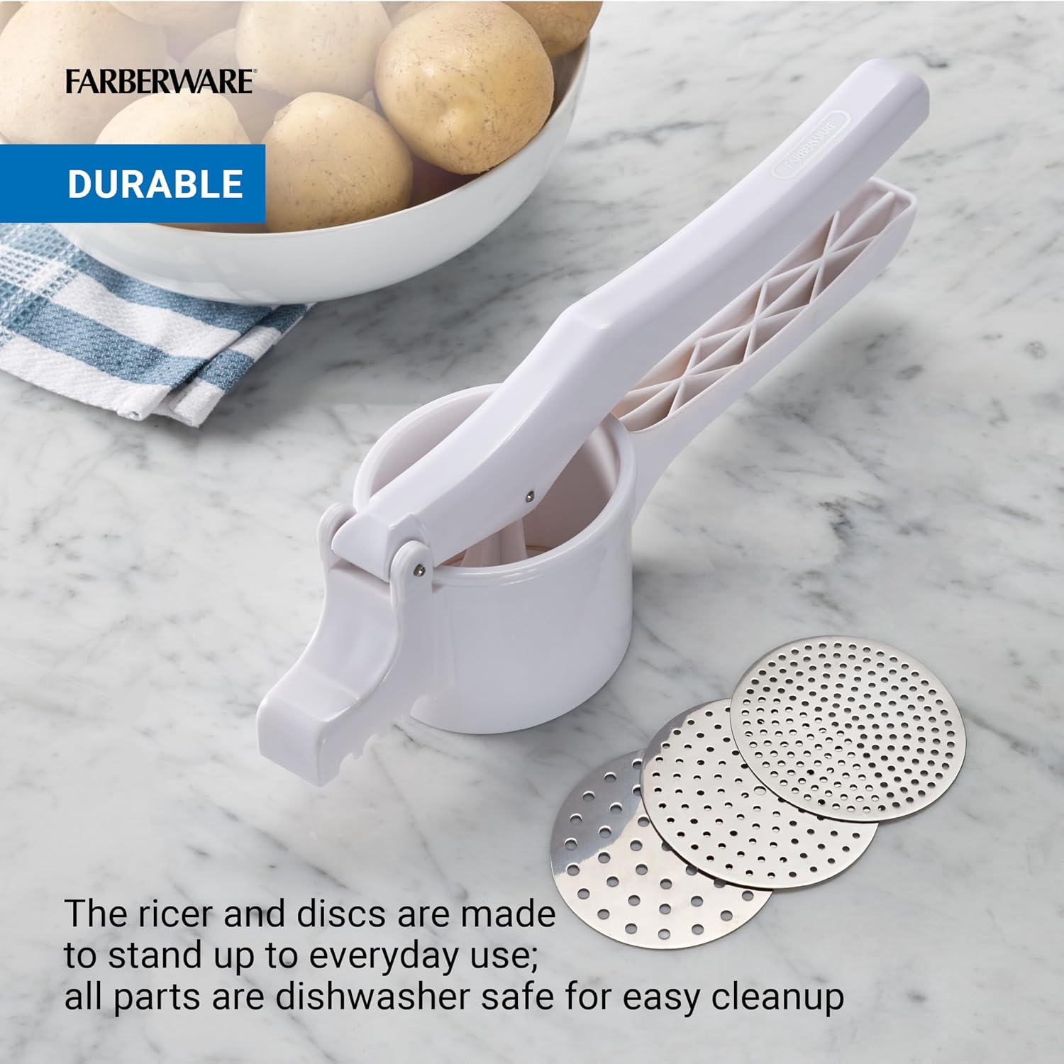 Farberware Professional Potato Ricer with 3 Stainless Steel Discs and Ergonomic Plastic Handle, White - Makes Fluffy Mashed Potatoes, Rices Vegetables and Fruits, Dishwasher Safe, 13.75 Inches