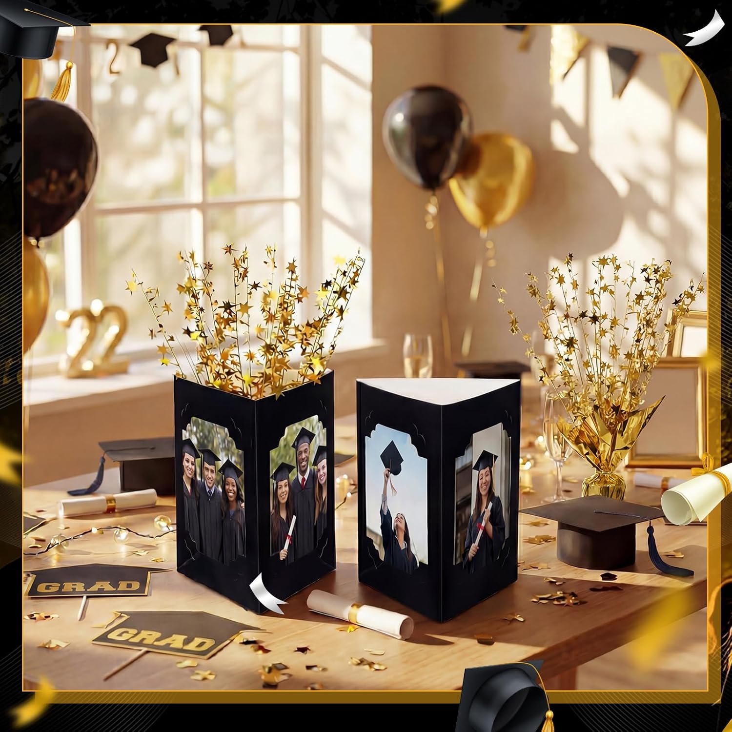Yinder 16 Pcs 2026 Graduation Centerpieces Decoration Gold and Black 6/7 Inch Photo Display Frames Box Glitter Metallic Foil Spray Star Tabletop Decor for Class of 2026 Grad Party Decorations