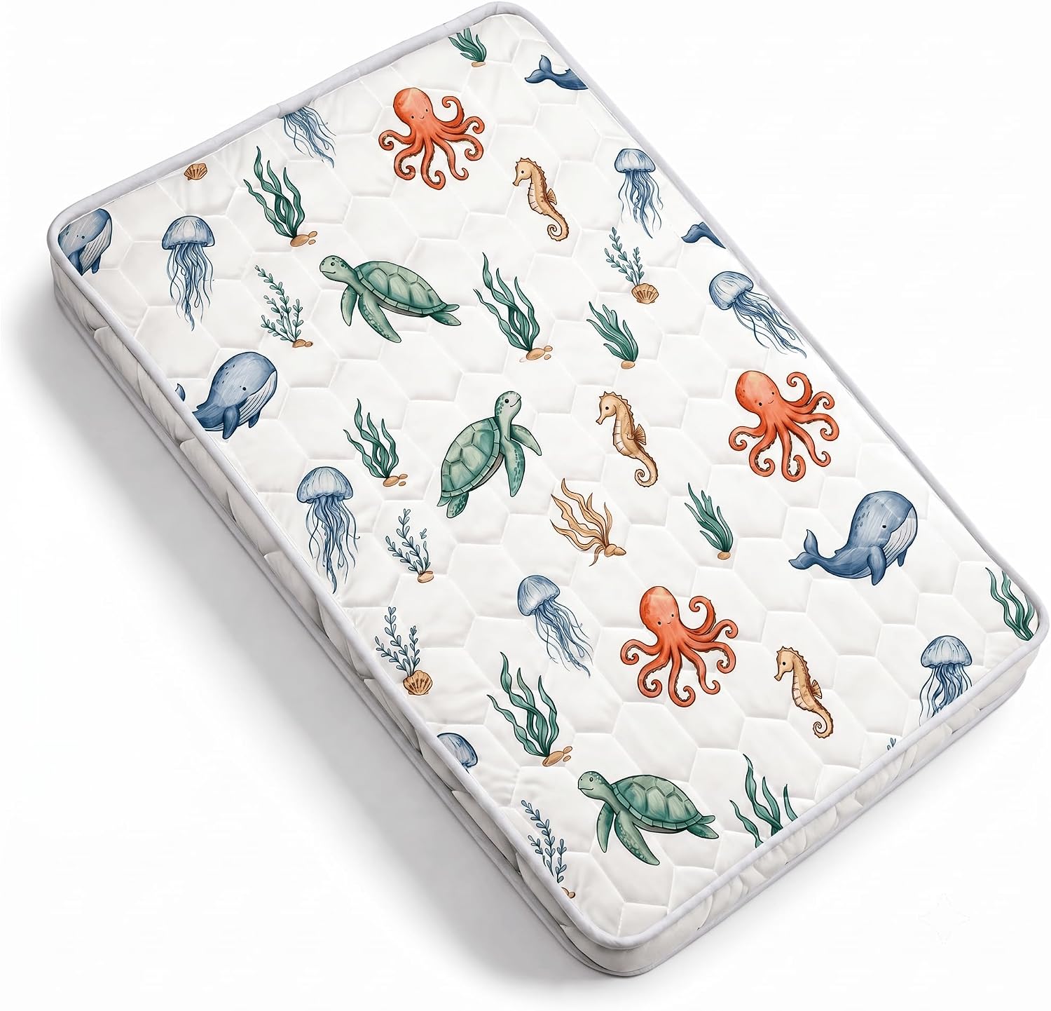Pack and Play Mattress Pad 38x26x1.5, Ocean Animals Pack n Play Mattress for Baby Toddler, Breathable Firm Foam Playpen Mattress with Non-Slip Bottom, Portable Playard Mattress for Graco/Baby Trend