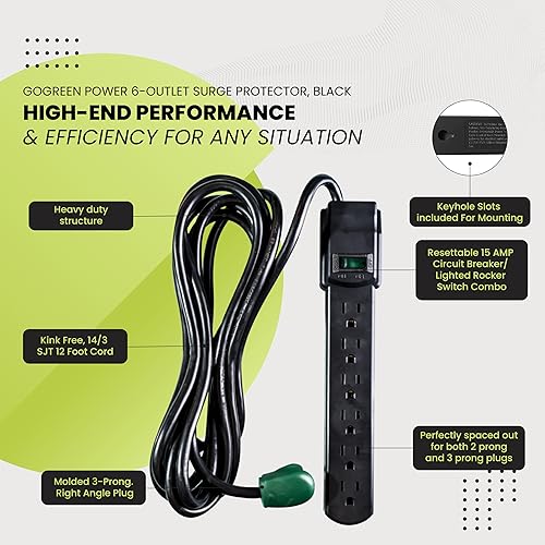 Miniatura 5 de GoGreen Power - Protector de sobretensiones de 12 pies, 6 tomas, negro (GG-16103M-12BK)
