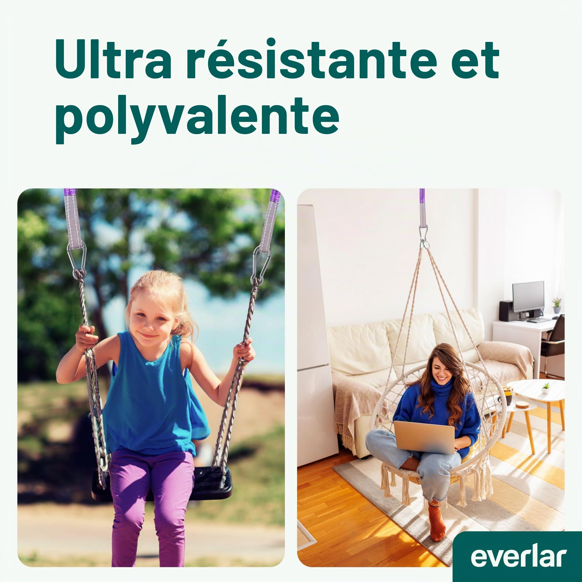 EverStraps Fixation Balançoire Arbre 2 x 1000 kg 1M Ultra Résistant pour Balançoire Arbre, Fixation Hamac, Suspension Balançante, Suspension de Chaise Suspendue, Sangle Arbre
