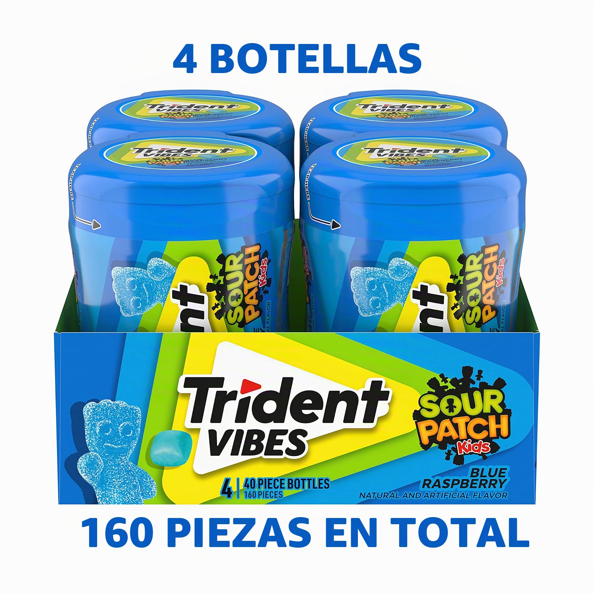 Trident Vibes Sour Patch Kids - Goma de mascar sin azúcar de frambuesa azul, 4 botellas de 40 piezas (160 piezas en total)