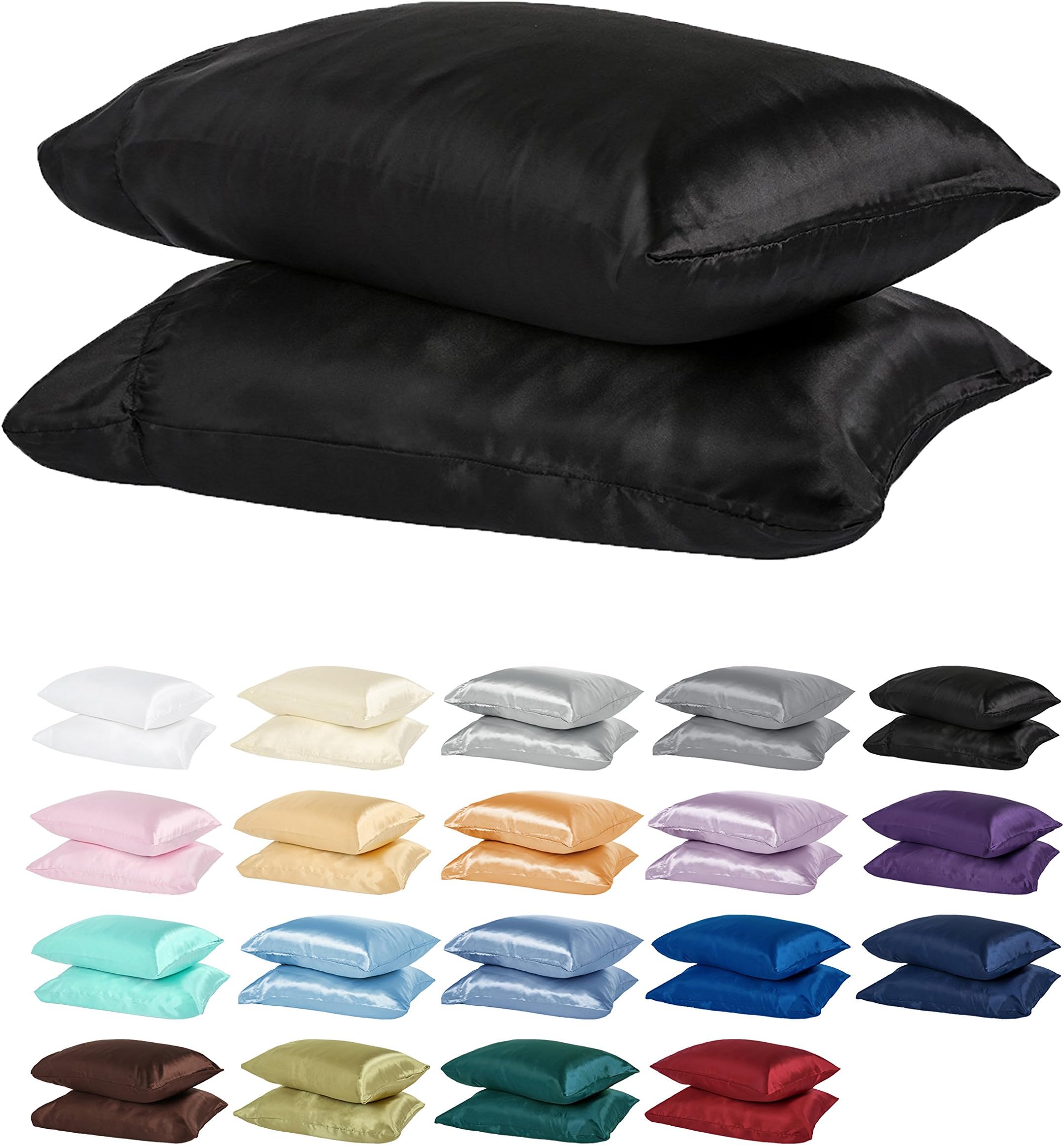 DreamHome Satin Pillow Case with Zipper, 2 Pillow Cases (Standard, Black)