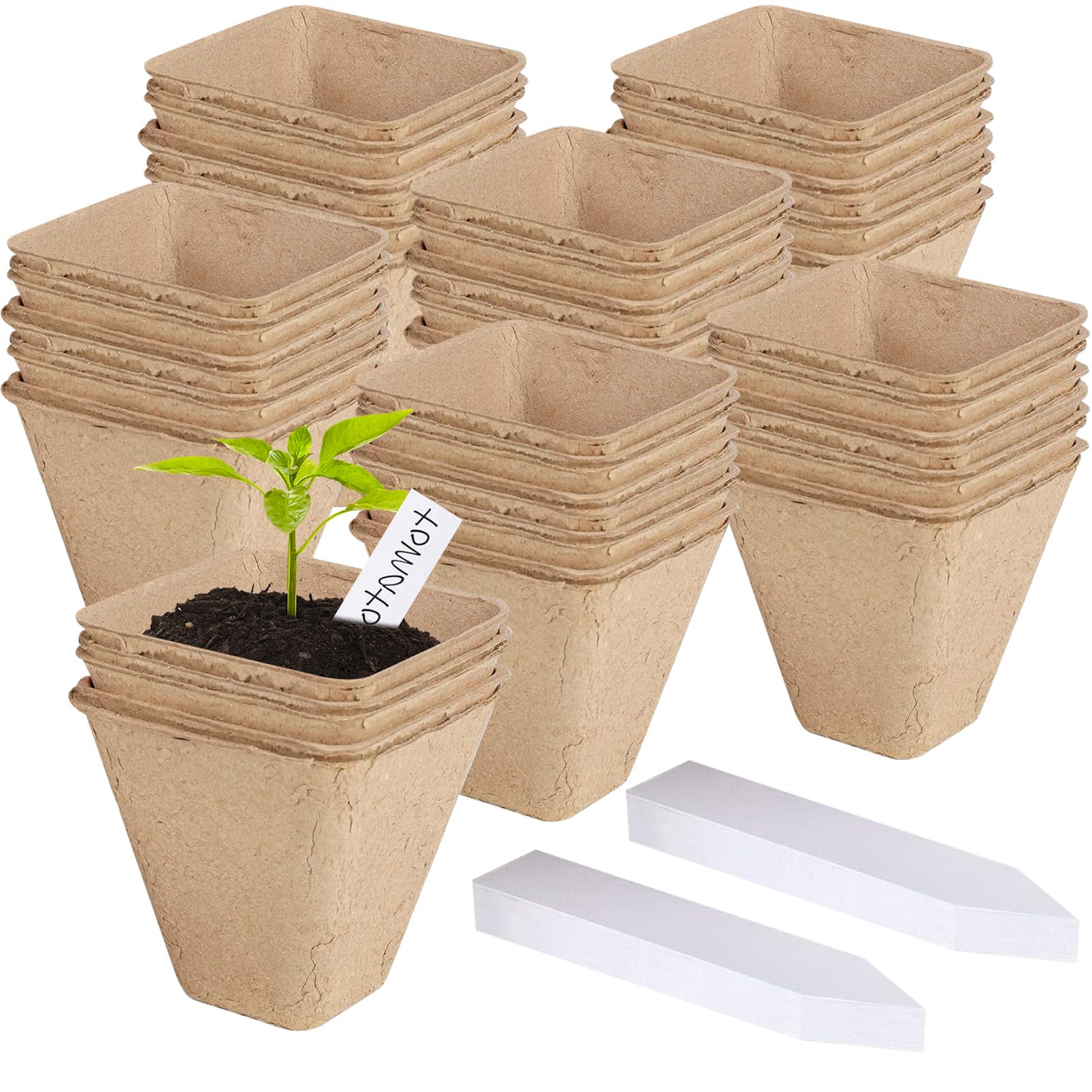 XIZAO Seed Starter Pots Organic Planting Peat Pots Biodegradable Square Peat Nursery Pots 50 Pcs Germination Seedling Trays with 30 Pcs Plant Labels for Indoor Outdoor Garden