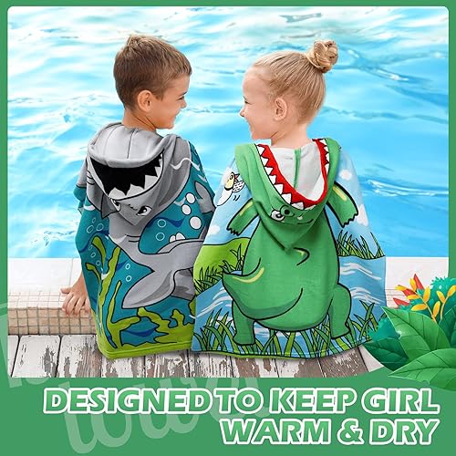 Miniatura 6 de Chumia Paquete de 3 toallas de poncho de playa con capucha para niños, toallas de baño con capucha, algodón más grueso, absorbente, para niños y