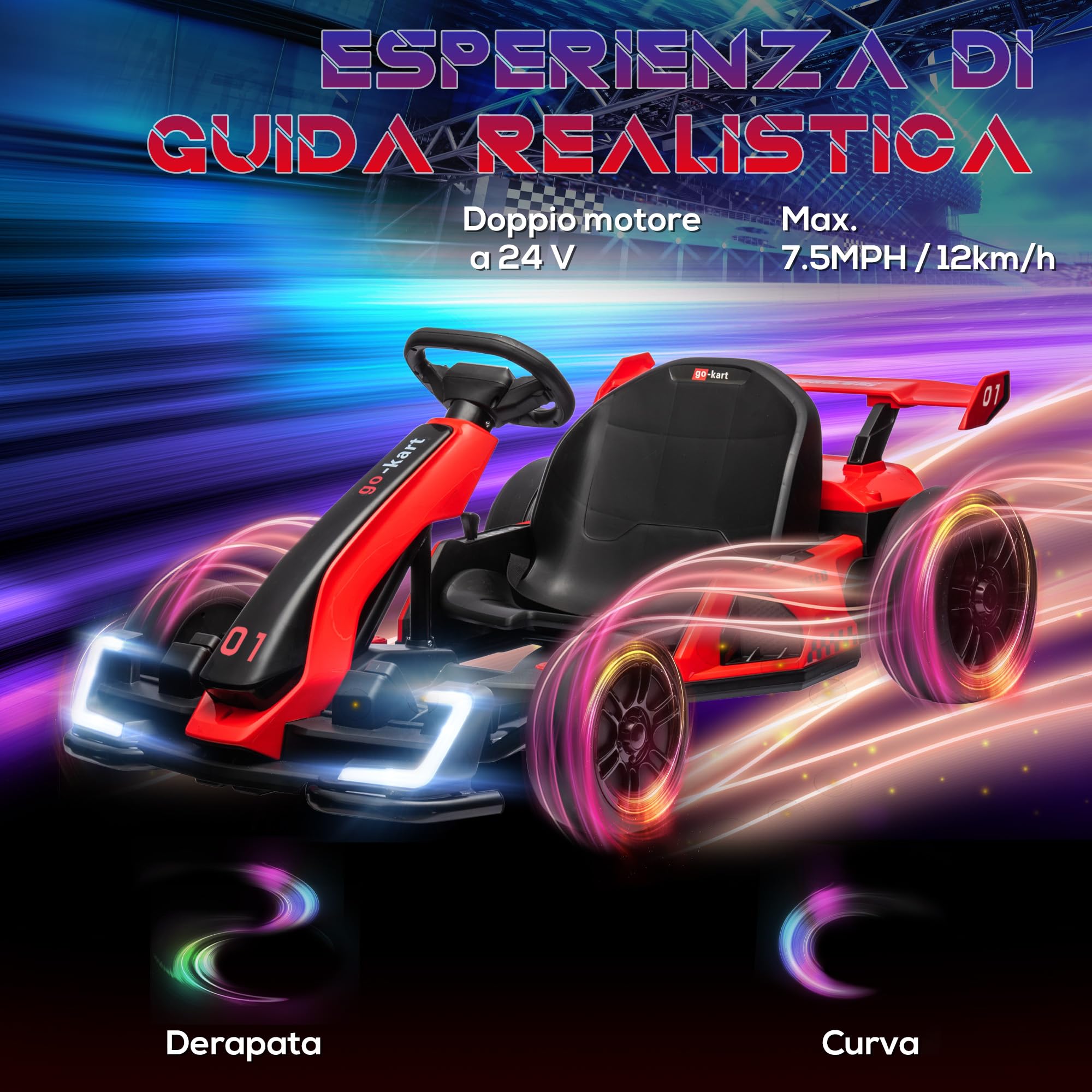HOMCOM Kart électrique pour enfants 6-12 ans 24V 6-12km/h avec siège réglable, 2 moteurs, kart de dérive avec klaxon, lumières et musique, rouge