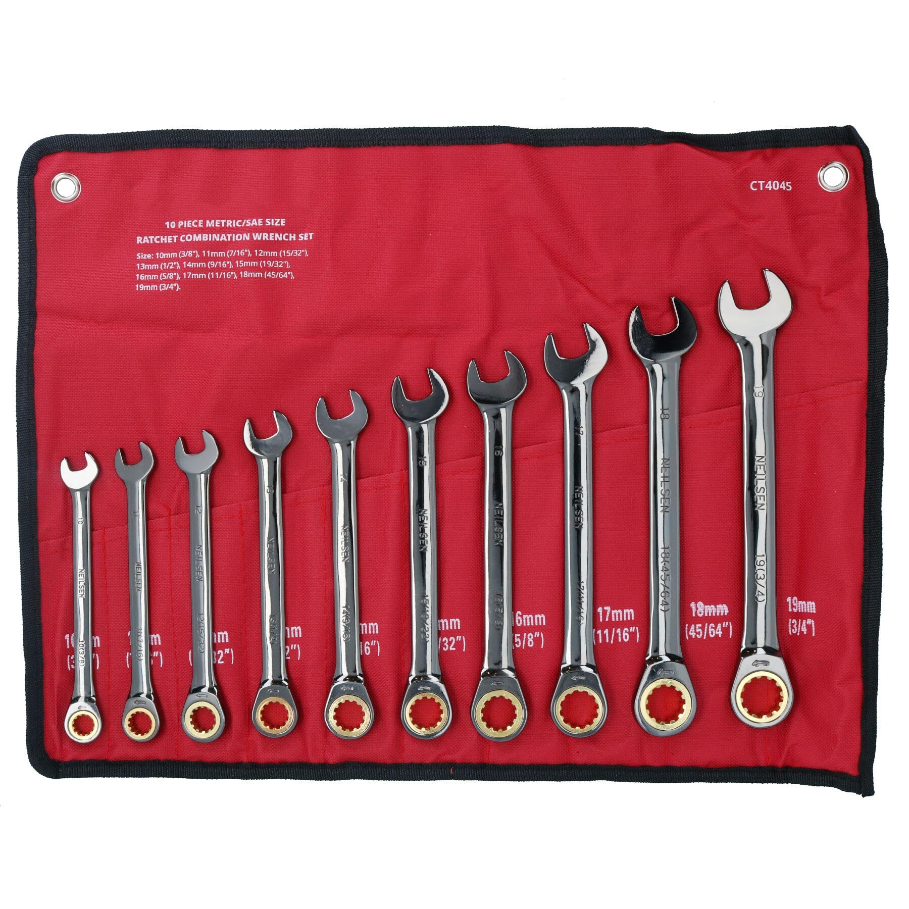 AB Tools Narzędzia Metric + SAE klucz płasko-oczkowy z grzechotką, zestaw kluczy płasko-oczkowych 10 – 19 mm 3/8'' – 3/4''