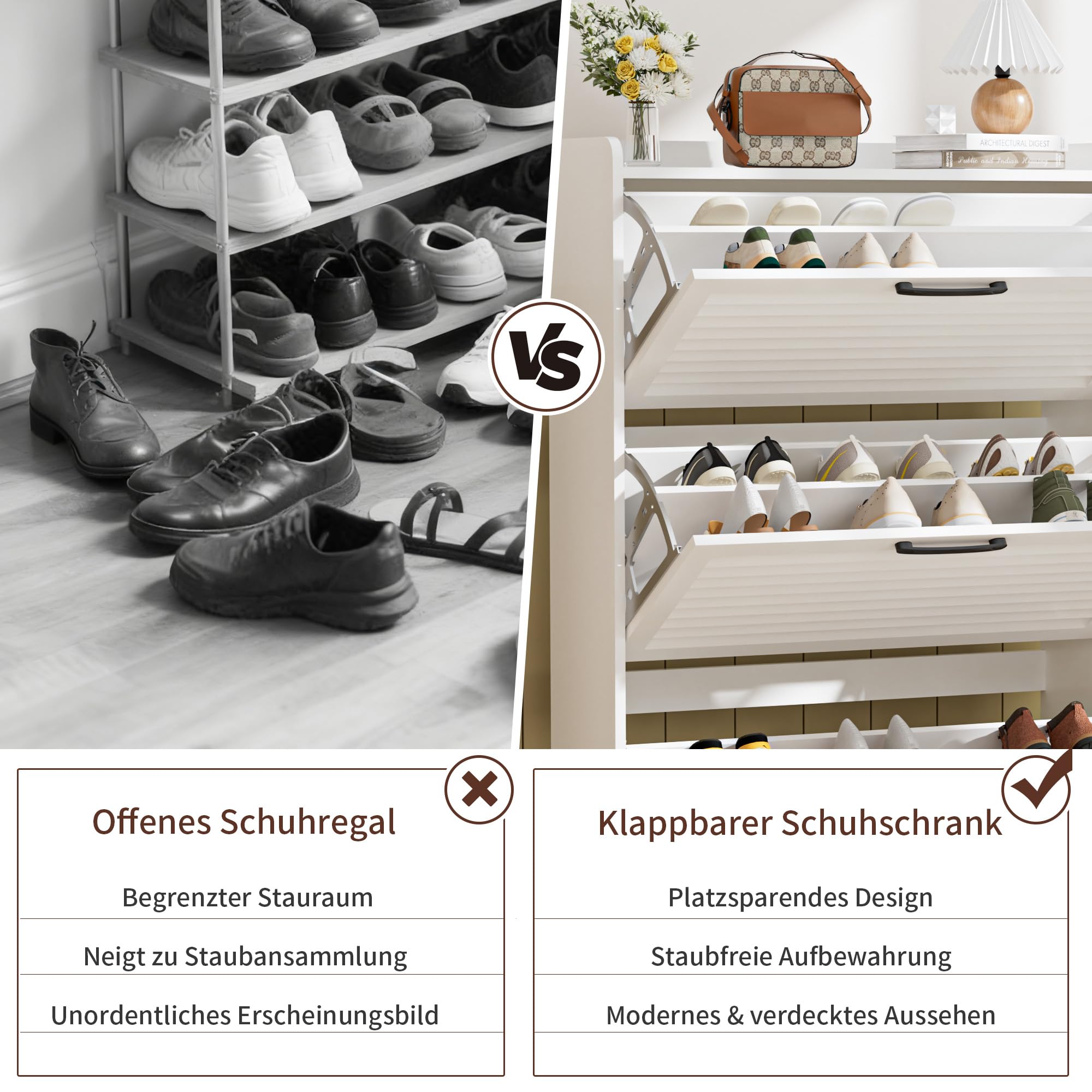 BonVache Schuhschrank Schmal, Schuhkipper mit Lamellentür, Schuhregal mit 3 Klappen, Schuhkommode mit 6 Verstellbar Ablageflächen, Schuhaufbewahrung für Flur, 80x24x120 cm, Weiß