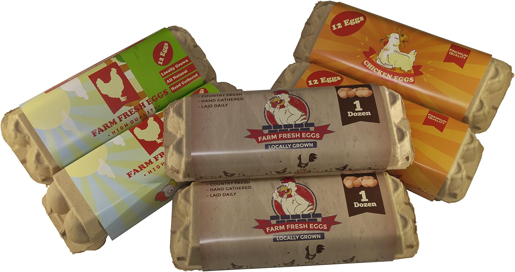 LABELS: Egg Carton Wrap-Around Full-Color Label (Assorted), 60 pieces, printed on 86 pound coated glossy art paper, peelable self-stick adhesive. Adjustable to fit ALL 12-cell (one dozen) egg cartons.