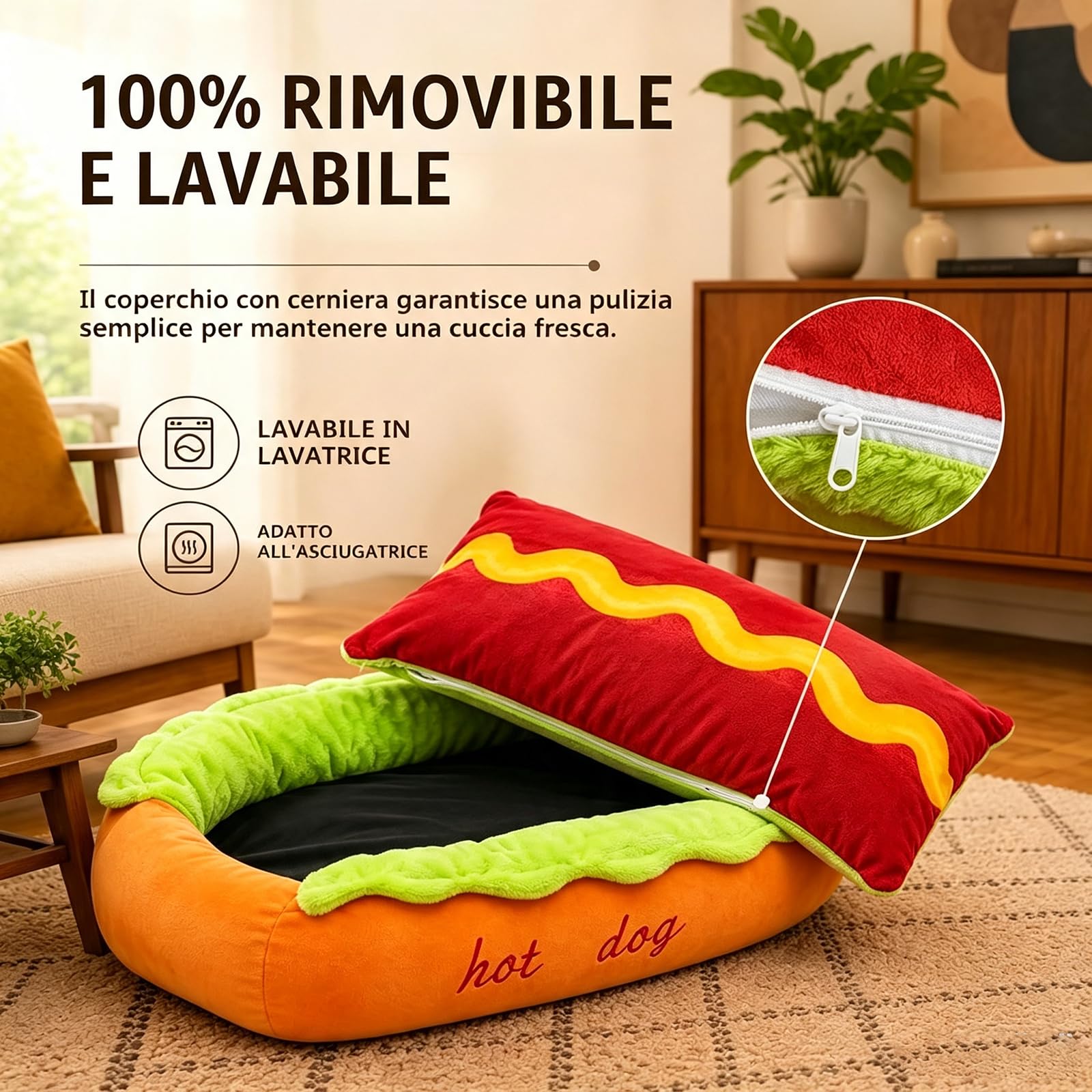 ZVD Cuccia per Cani e Gatti Forma Hot Dog, Lavabile Tappetino Rimovibile | Imbottitura Morbida Antistress, Design Originale Decorativo, Facile Da Riporre, Garantisce Sonno Tranquillo