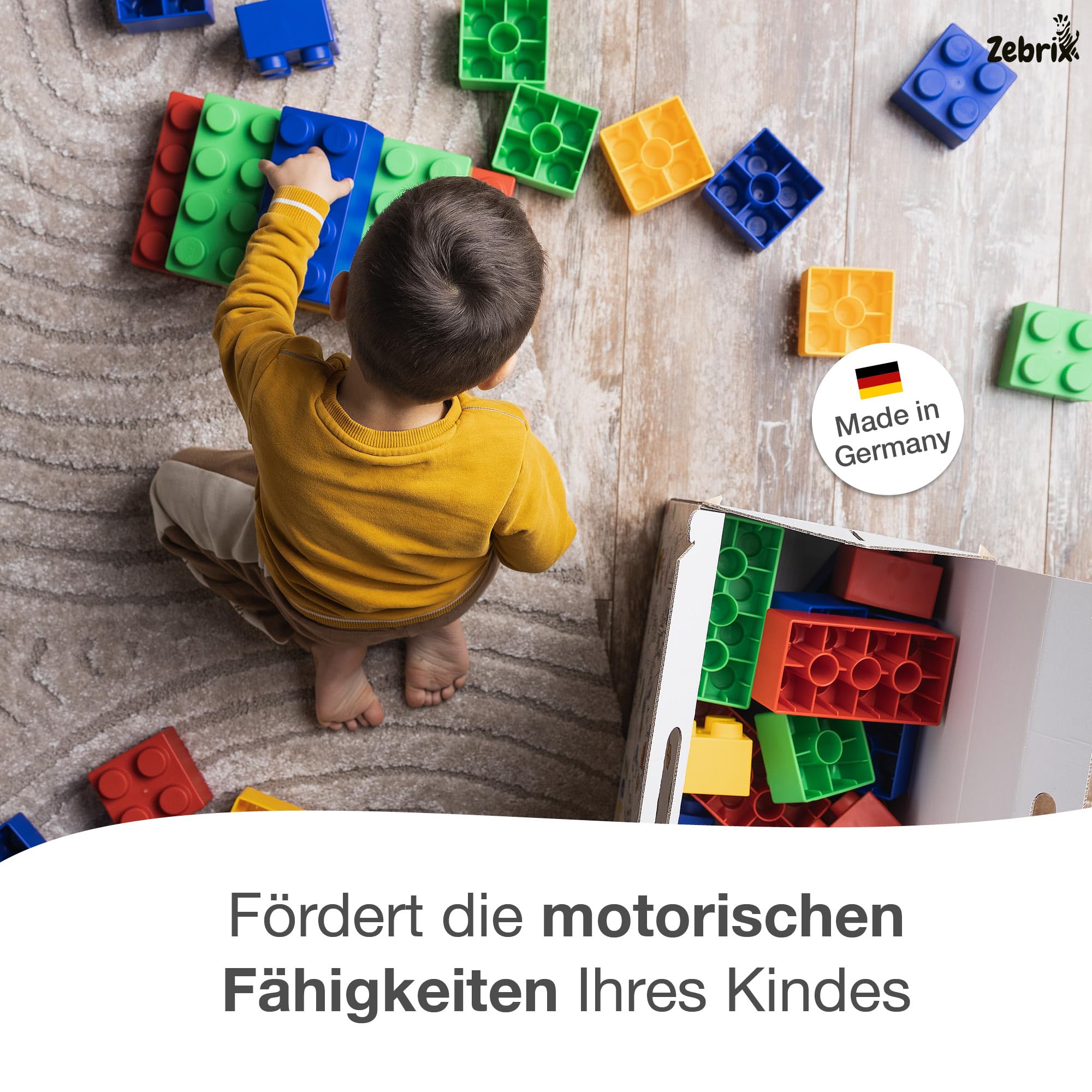 Zebrix XXL 50 klembouwstenen, 4 kleuren, grote bouwstenen in rood, groen, blauw en geel - (50 stenen), voor baby's en kinderen 6 maanden - 99 jaar, Made in Germany