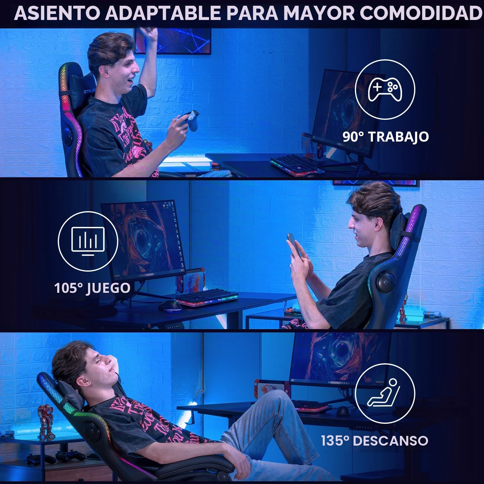 GTPLAYER Silla de gaming, silla de oficina, silla de gaming con altavoz y barra de luz, silla gamer, respaldo con bolsa de almacenamiento, silla ergonómica de PC con mando a distancia