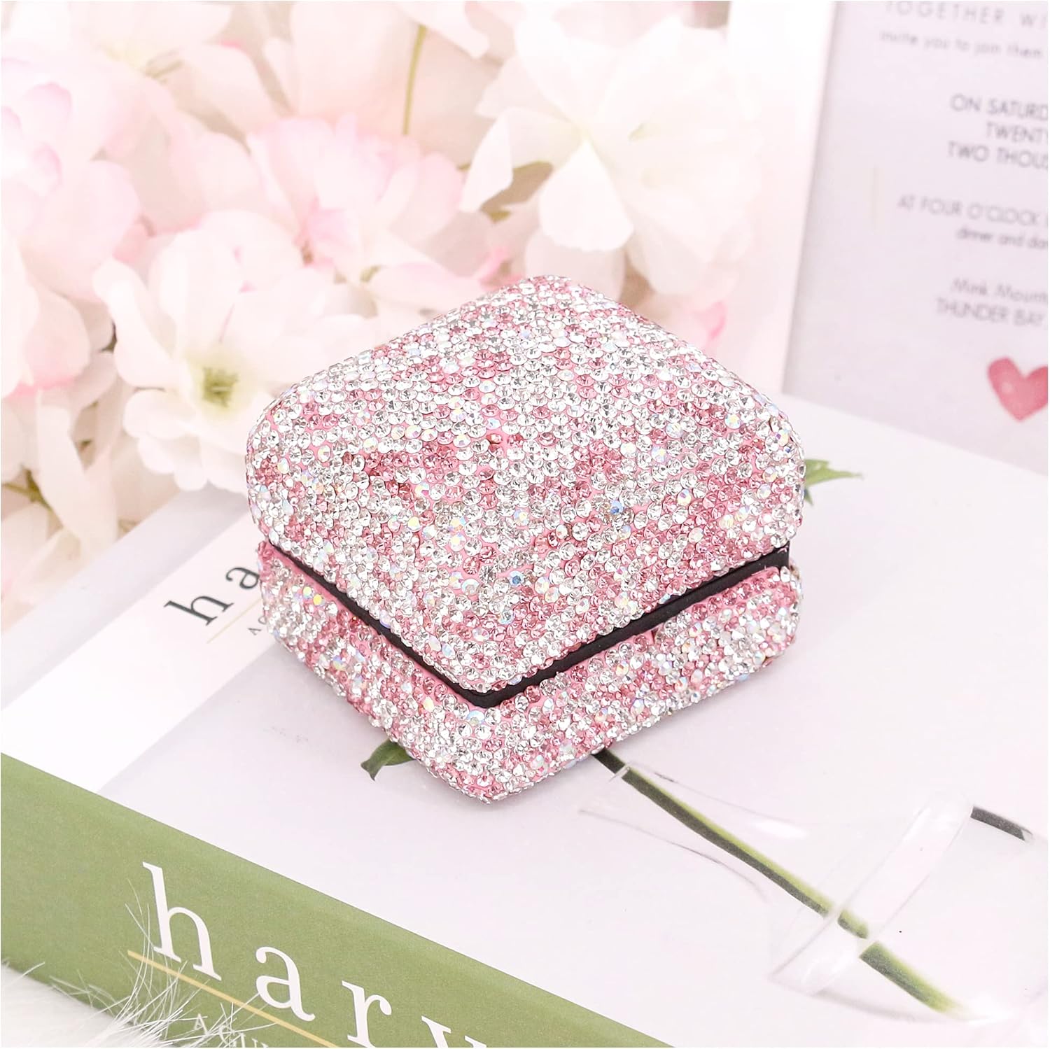 Naimo Rhinestone Square Ring Box with LED Light Luxury Ring Case Display Holder Jewelry Gift Box for Proposal Engagement Wedding Anniversary Valentines