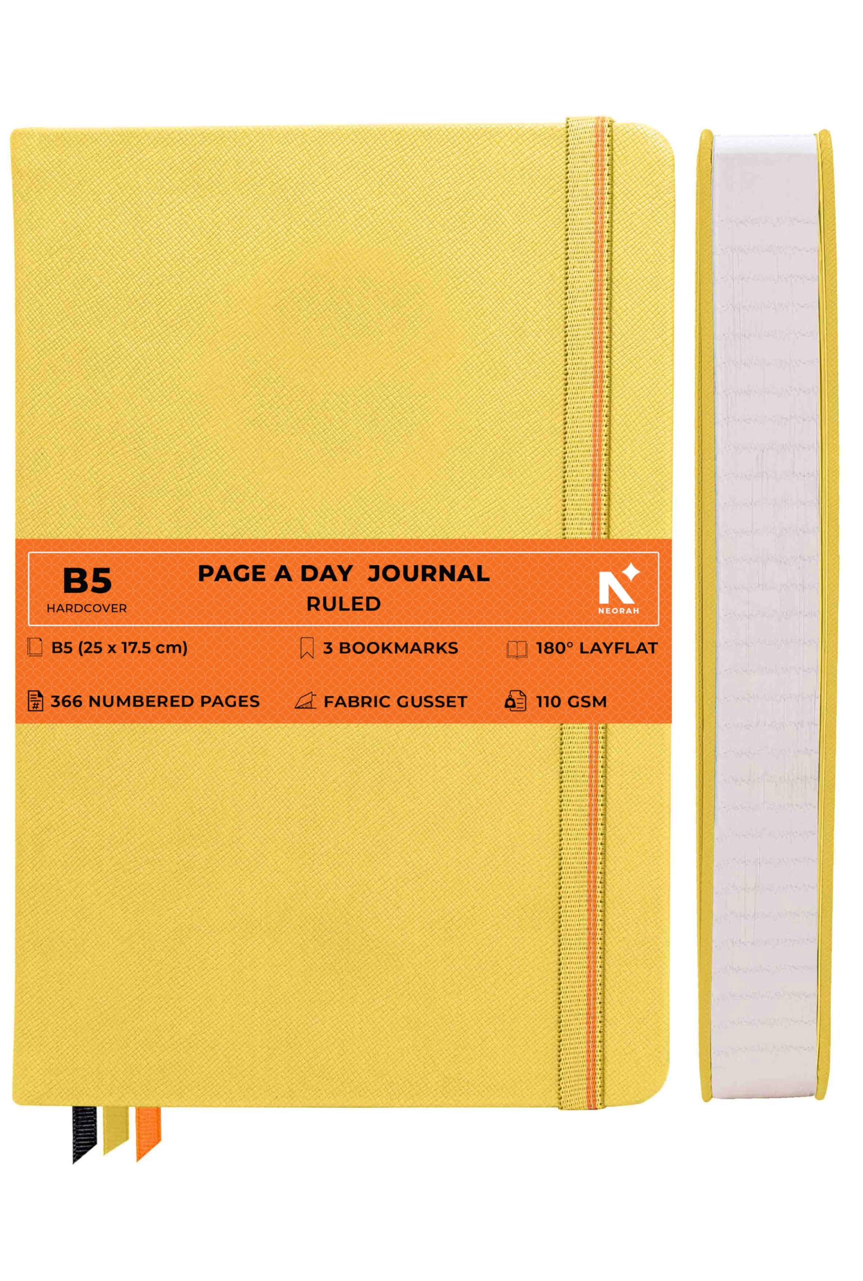 NEORAH —B5 RULED | 368 Pages - 110 Gsm | PAGE A DAY JOURNAL (25x17.5 cm)-Hardcover RULED Notebook |Back Pocket |3 Silk Book Mark - Completely HANDMADE for Journaling,writing- YELLOW
