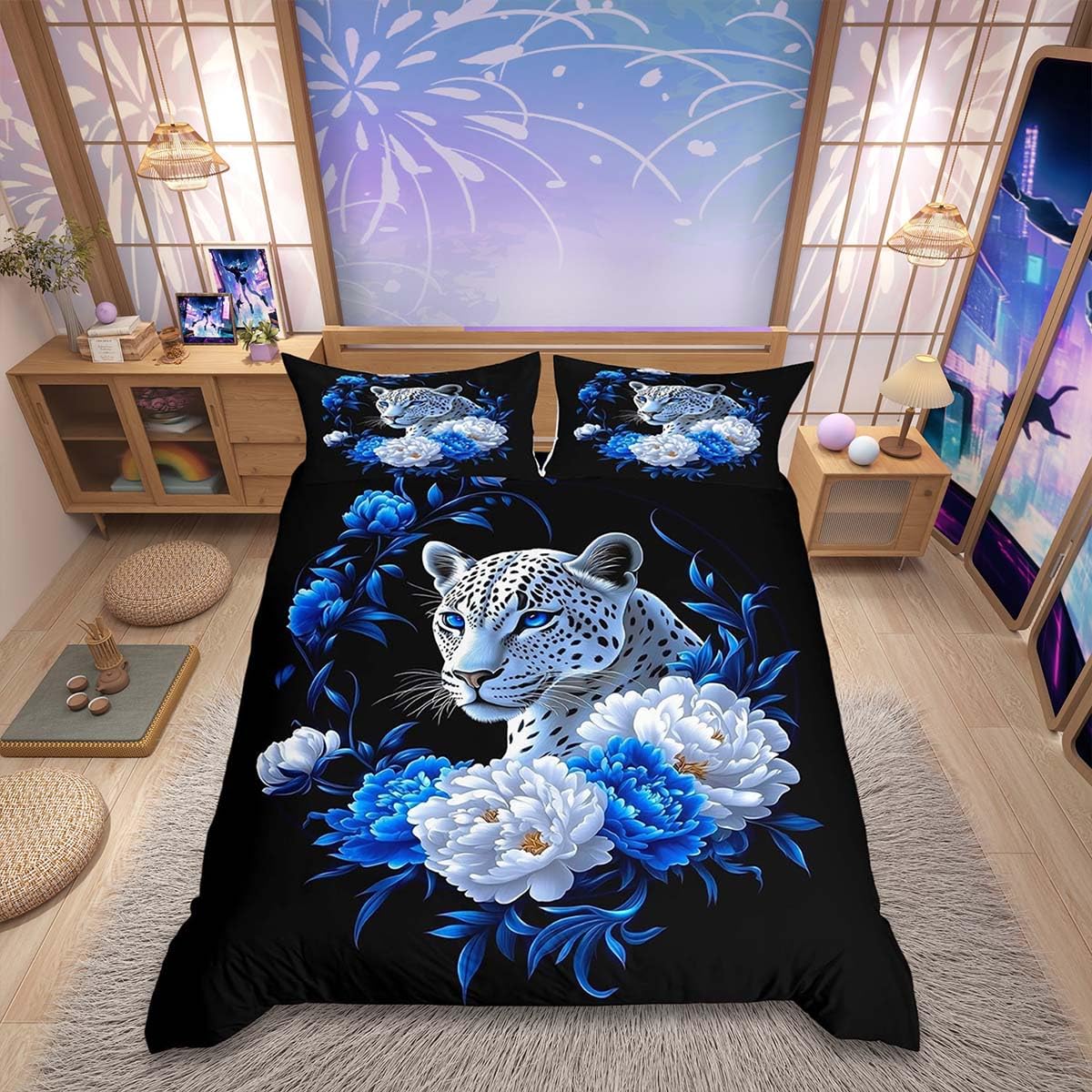 Homemissing Wildlife Leopard Duvet Cover Set Super King Size Wild Animal Duvet Cover for Boys Girls Blossom Flowers Pattern Bedding Set 3Pcs Cheetah Print Room Decor โ image 1