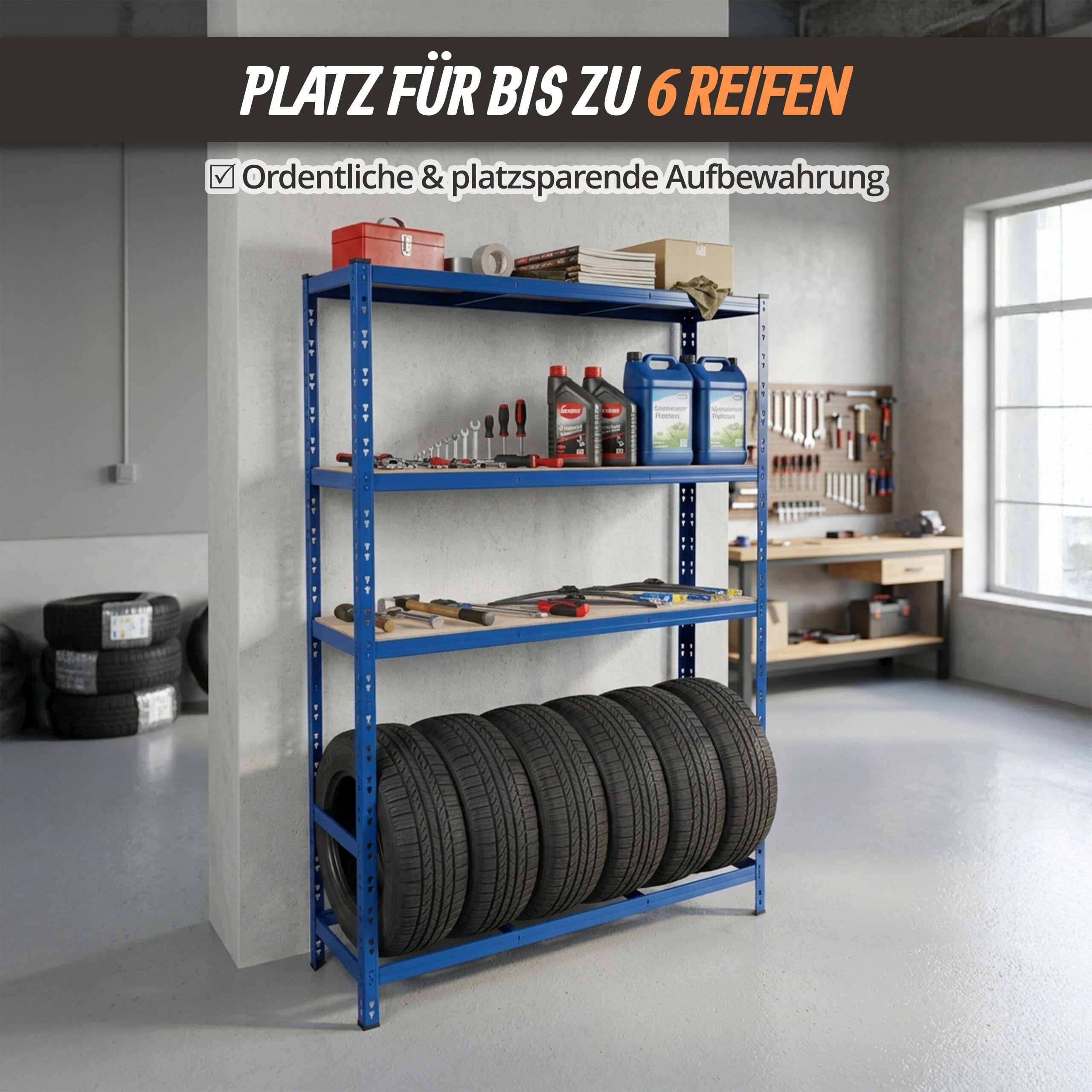 Relaxdays Reifenregal für 6 Reifen, HxBxT 180 x 120 x 40 cm, 600 kg, Stahl, Stecksystem, Reifenlager Werkstatt, blau